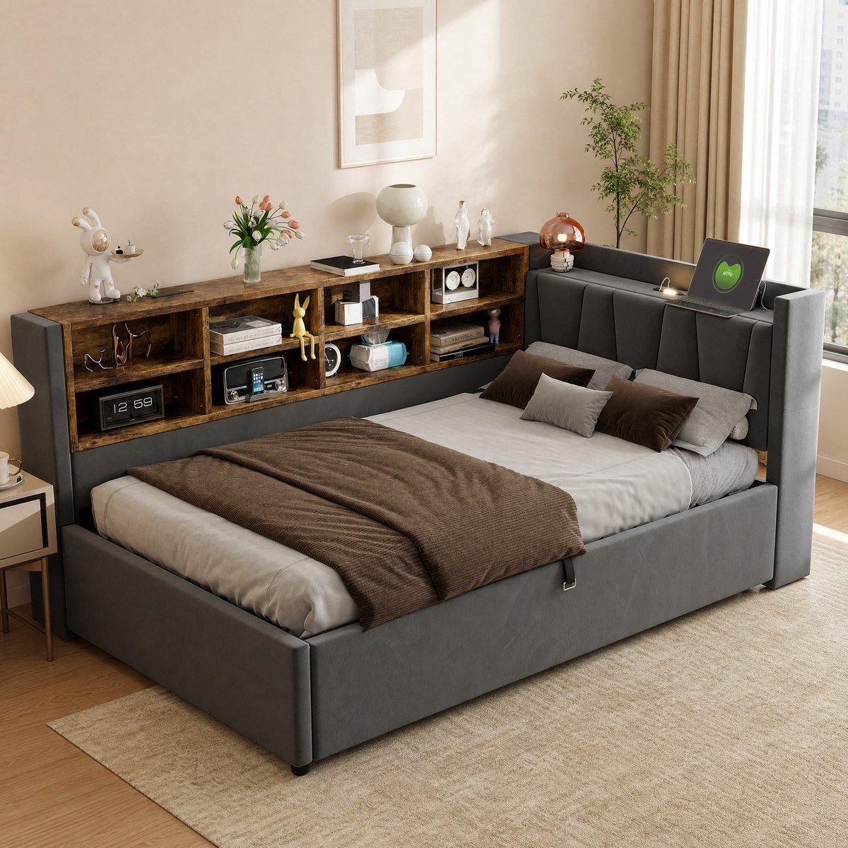 COVREO Slaapbank met opbergruimte – 90x200 cm – Bedbank met nachtlamp – slaapplaats voor logeerkamer – Grijs - zonder matras