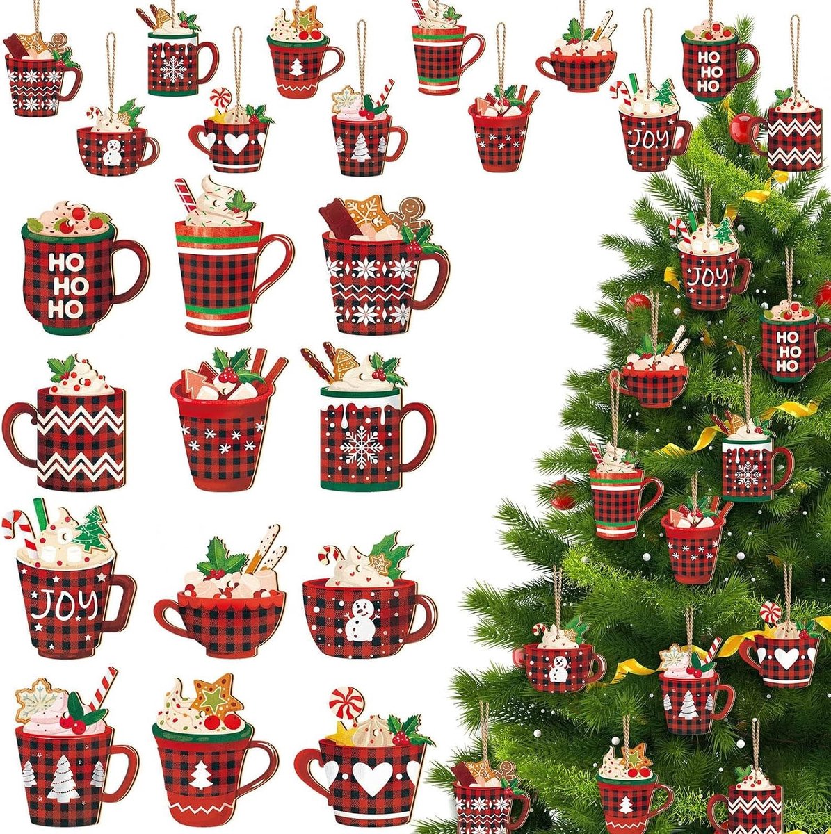 Kerstdecoratie Houten Hangers 24 Stuks – Vintage Ornamenten voor Kerstboom en Feestjes, DIY Decoratie met Koord