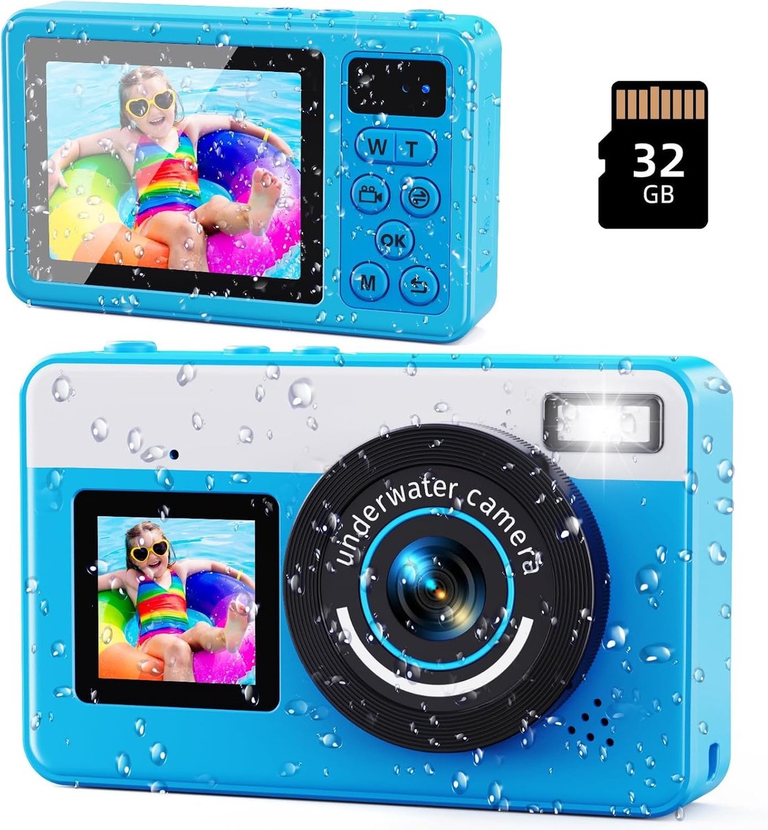 Digitale camera - 4K&48MP 10FT onderwatercamera met 32GB, 2.8'' dubbele camera waterdichte draagbare compactcamera, 18X digitale zoom voor kinderen tieners beginners volwassenen - blauw
