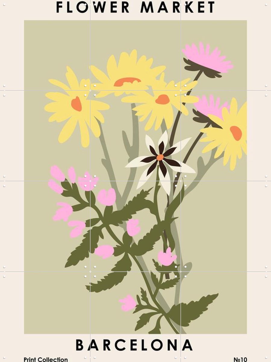 IXXI Flower Market Barcelona, NKTN & Various - 60 x 80 cm - Grote wanddecoratie en posters - Speels, Vintage, Illustraties, Slaapkamer, Woonkamer Geel / Lichte tinten