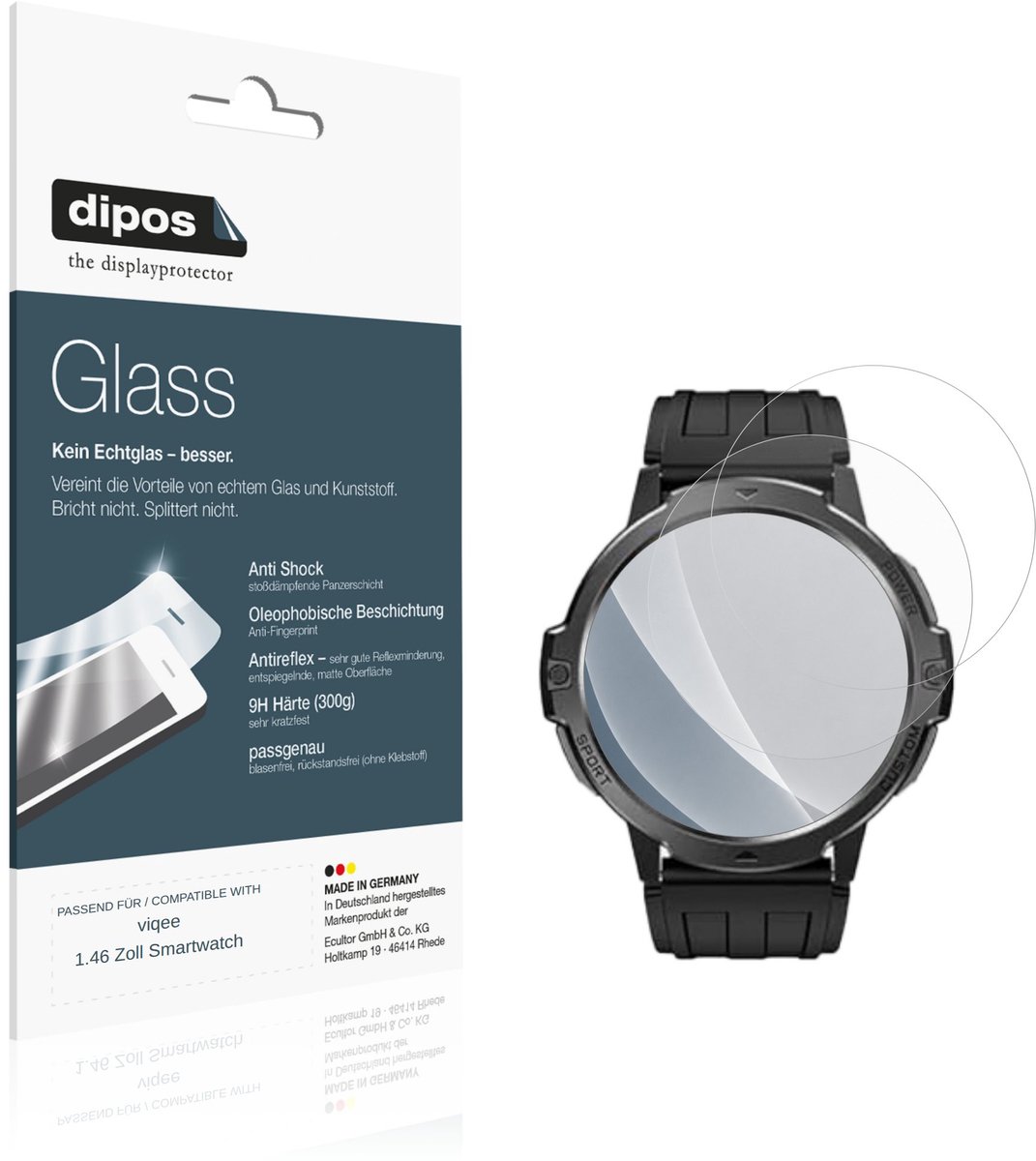 dipos – 2x Matte Pantserfolie geschikt voor viqee 1.46 Zoll Smartwatch | 9H Screenprotector