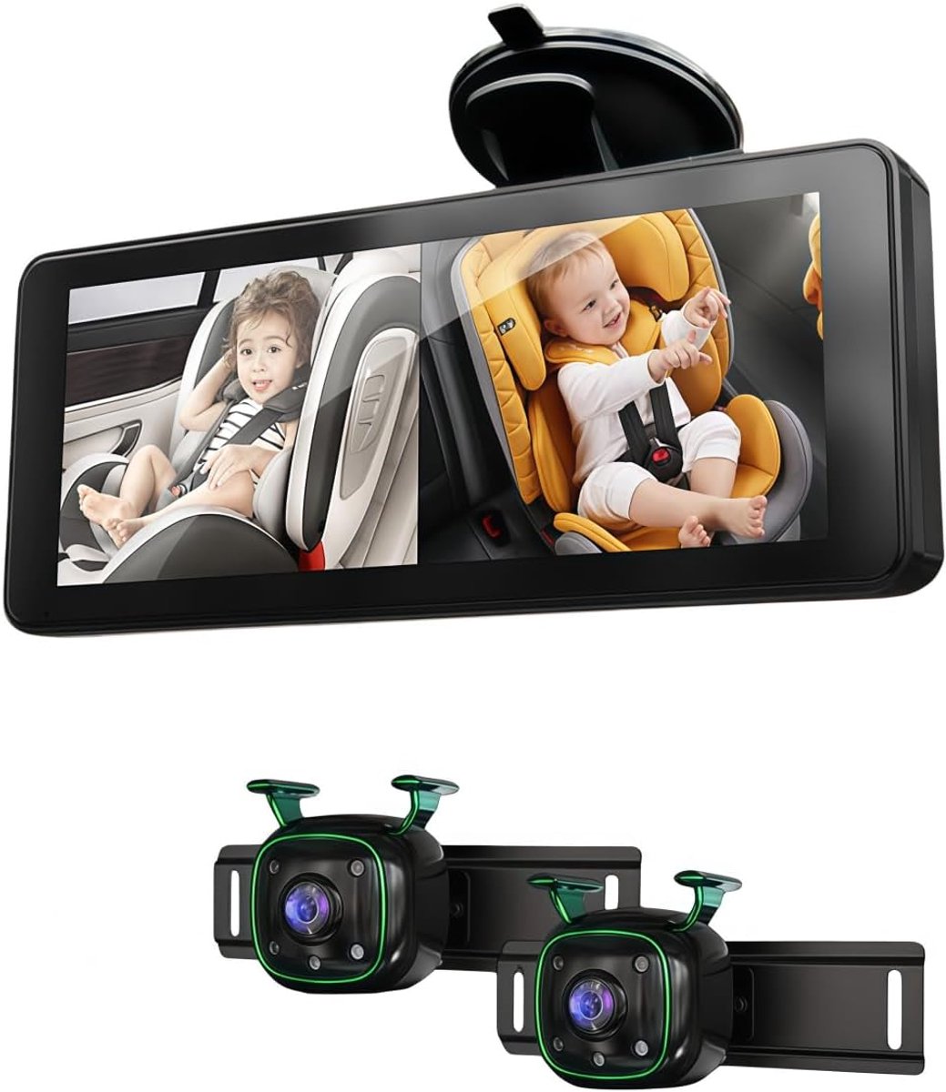 Baby-autocamera - 6,86" HD-splitscreen met Dubbele 1080P-camera op de Achterbank, IR-nachtzicht en 360 ° Draaibare, Naar Achteren Gerichte Auto-babyfoon, Eenvoudig Te Installeren