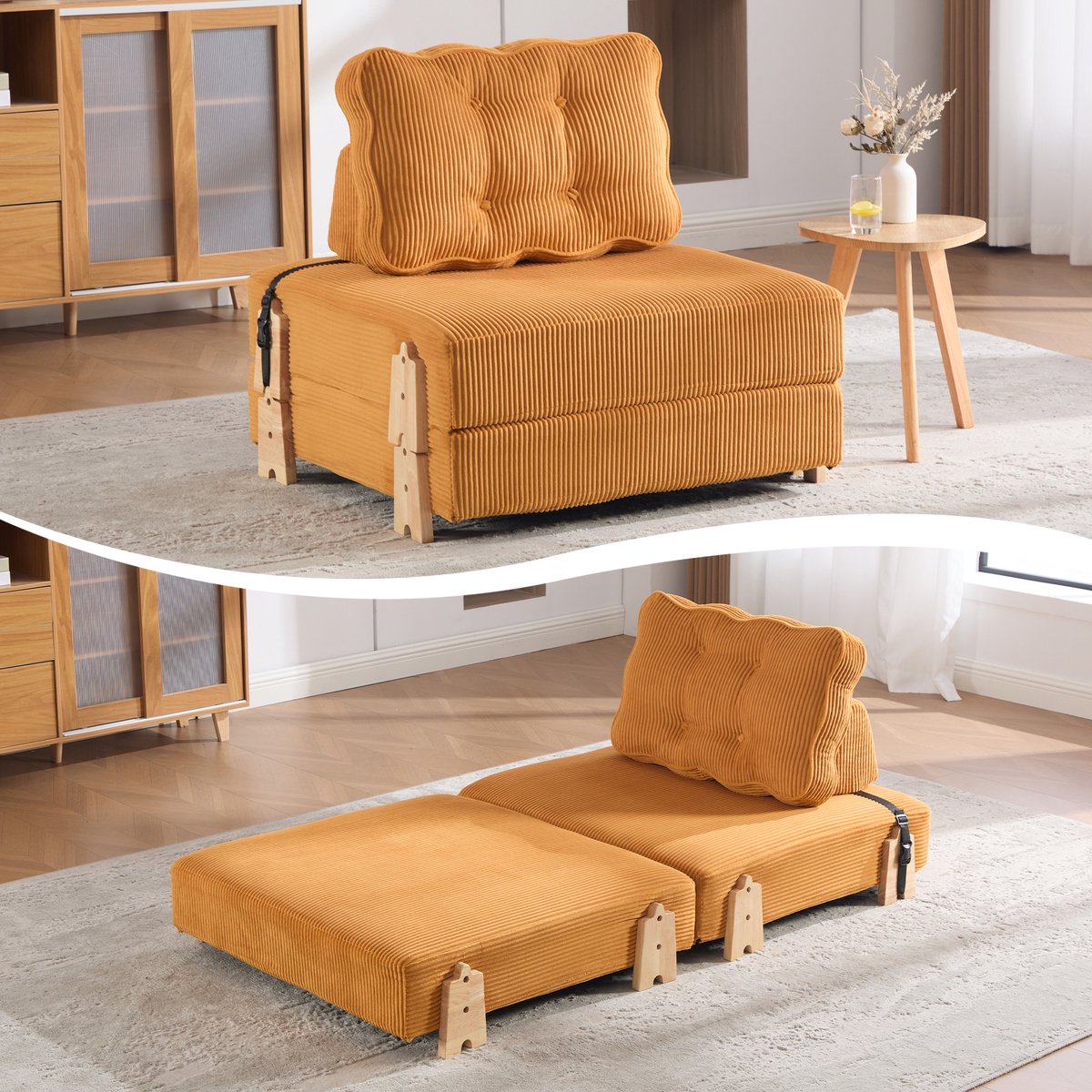 Oranje cord slaapfauteuil - uitklapbare slaapbank - klapbare eenpersoonsbank - houten poten - Scandinavisch design - ideaal voor kleine appartementen en slaapkamers