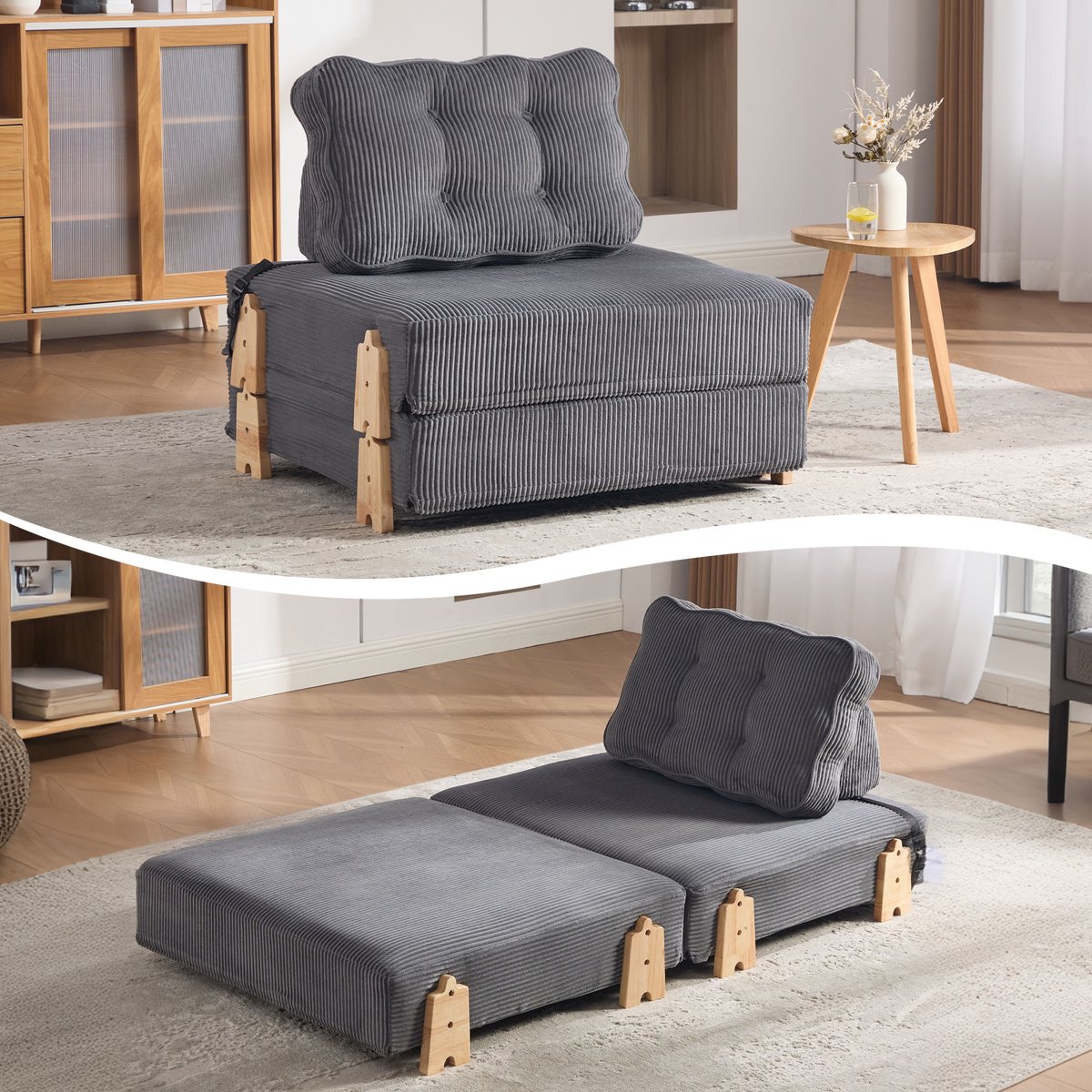 Scandinavische cord fauteuil - Uitklapbaar tot slaapbank - Inklapbaar eenpersoonsbank - Met houten poten - Grijze bekleding - Geschikt voor kleine ruimtes