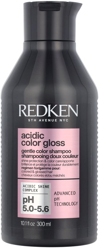 Redken Acidic Color Gloss Shampoo, 300 ml, met een donkergrijze fles en roze label. Zorgt voor glans en beschermt haarkleur.