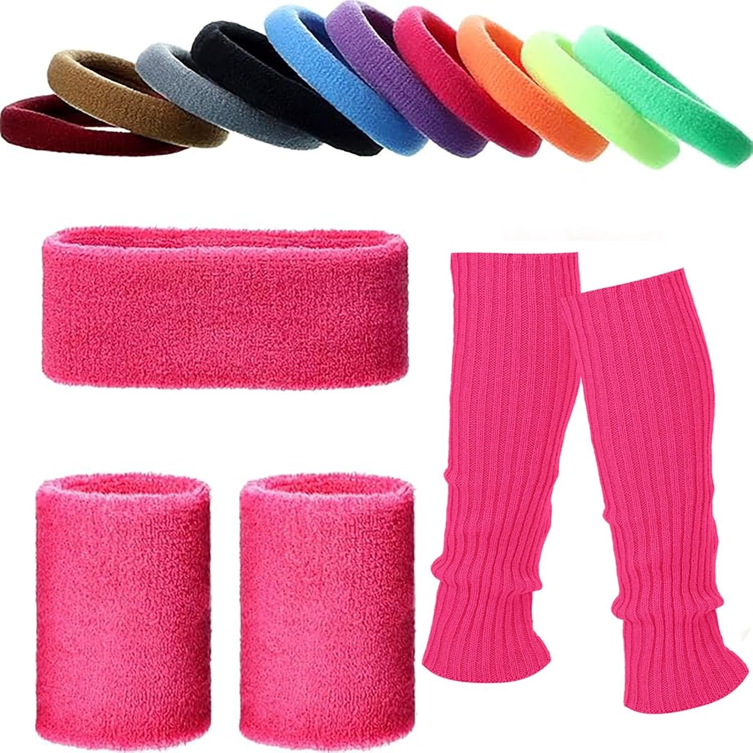 80s Kostuum Set voor Dames met Gebreide Beenwarmers, Kleurige Haaraccessoires en Treadmill Armbanden voor Themafeesten in de Jaren 80 en 90