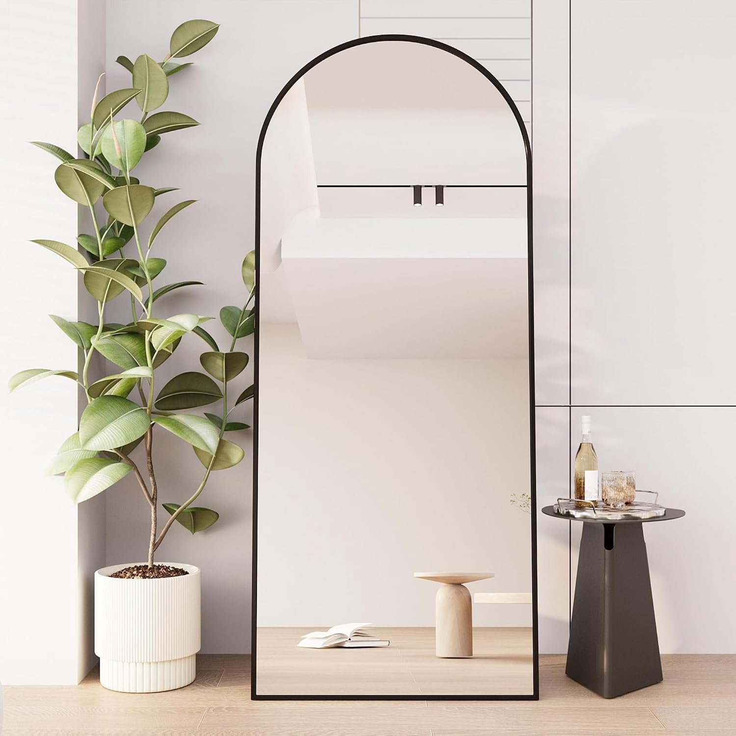 Volledige spiegel met metalen frame, staande slaap- en kleedkamer, 2-in-1, 80 x 180 cm, decoratieve wandspiegel (zwart, boog 180 x 80 cm)