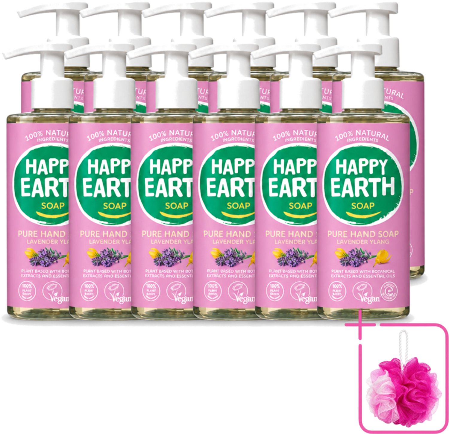 12 x Happy Earth – Handzeep – 100% Natuurlijk Lavender Ylang – 300 ml - Bulkverpakking - Natuurlijke handzeep - Douchemop - Vegan handzeep