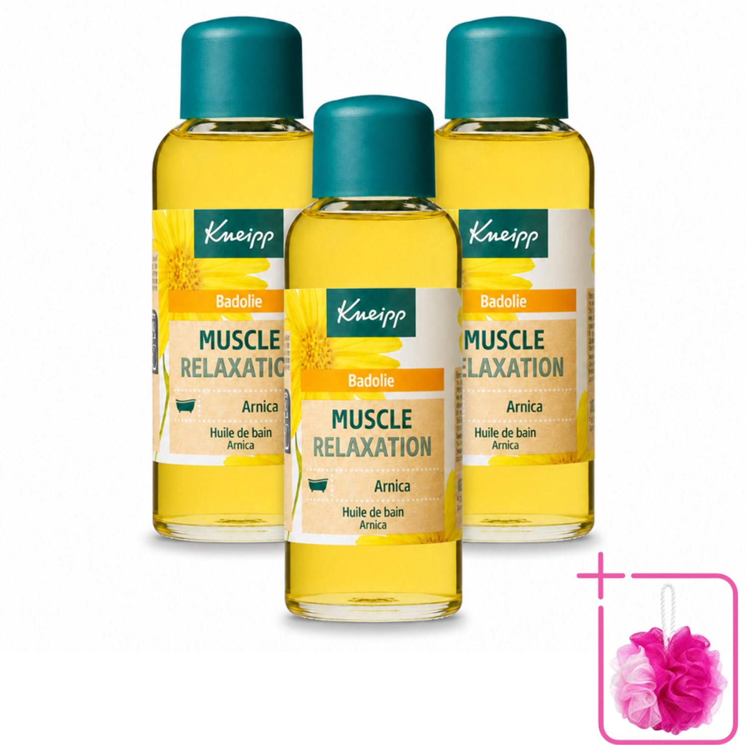 3 x Kneipp - Badolie - Arnica - Voor spieren en gewrichten - 100 ml - Bulkverpakking - Badolie voor spieren - Douchemop - Badolie voor gewrichten