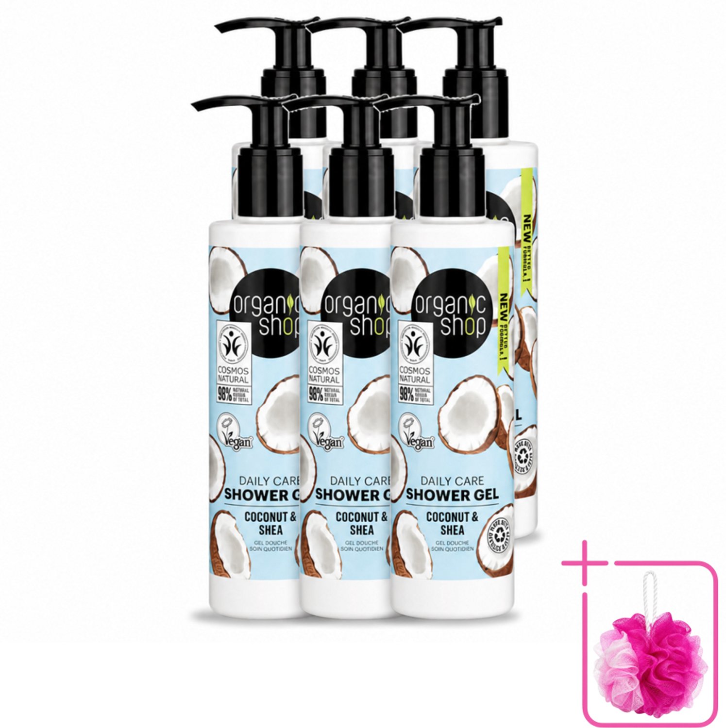 6 x Organic Shop - Daily Care Coconut & Shea Shower Gel - Hydratatie & Verzorging - 280 ml - Bulkverpakking - Douchegel - Douchemop - Natuurlijke douchegel