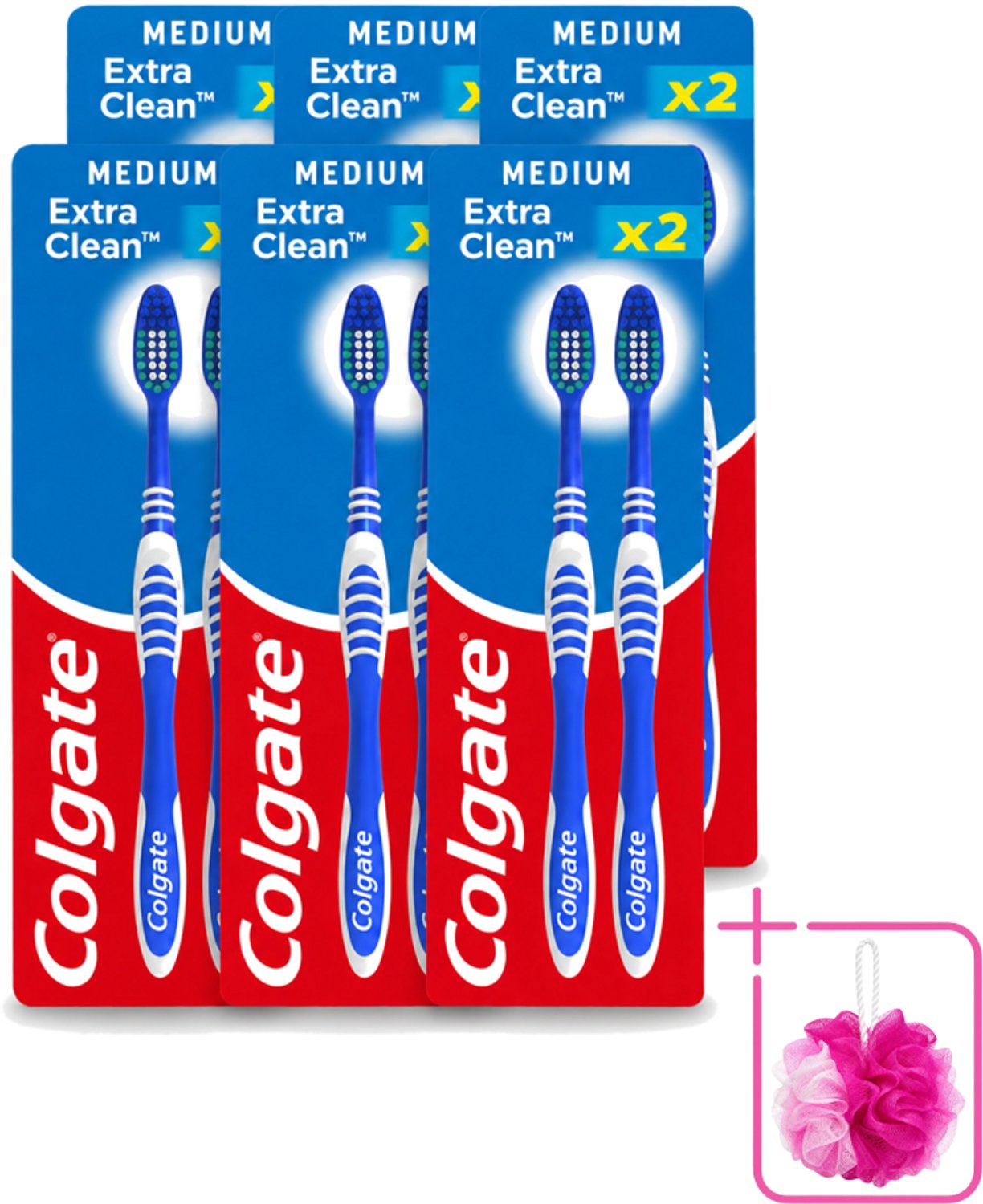 6 x Colgate - Tandenborstels - Extra Clean Duo - Medium - 2 borstels - Bulkverpakking - Tandenborstel - Douchemop - Mondhygiëne