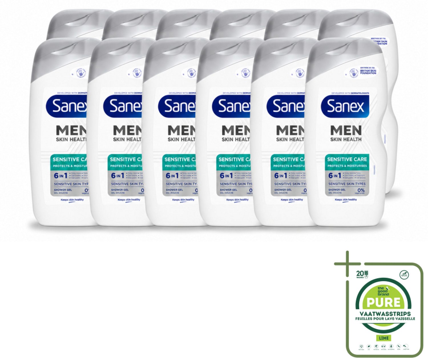 12 x Sanex – Douchegel – Men Sensitive – 400 ml - Grootverpakking - Vaatwasstrips - Gevoelige Mannenhuid - Douchegel - Scheergel - Lichaamsschoonheid - Gezichtsverzorging