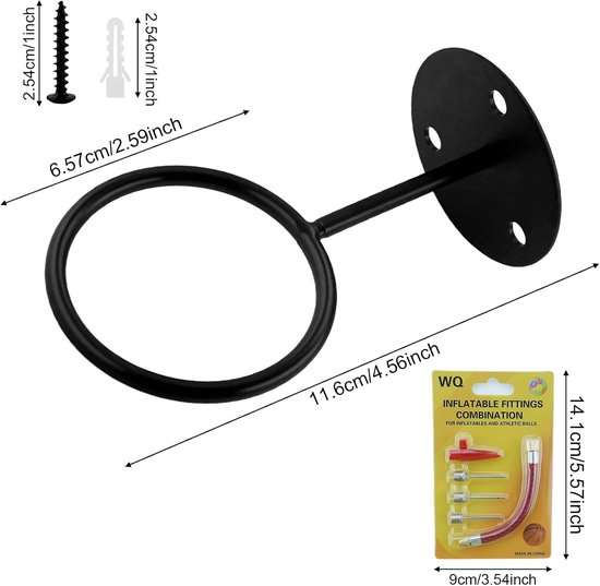 4 stuks robuuste wandgemonteerde balstandaard, 10 cm, hoogwaardige wandhouder, balopbergrek, balhouder met schroeven en opblaasapparaat, voor basketbal, voetbal — afbeelding 5