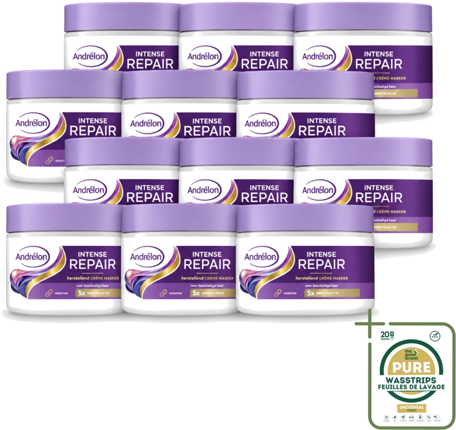 12 x Andrélon – Crème Haarmasker – Intense Repair – 300 ml - Wasstrips - Haarmasker - Haarherstel - Keratine - Beschadigd Haar - Intensief Herstel