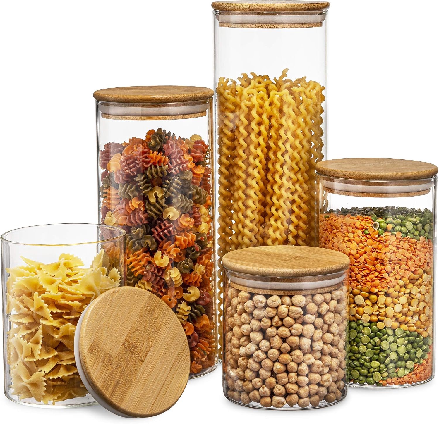 Pottenset van 5, glazen keukenbussen met luchtdicht bamboe deksel, glazen opbergpotten voor keuken, badkamer en voorraadkast, ideaal voor meel, suiker, koffie, snoep, snack en meer
