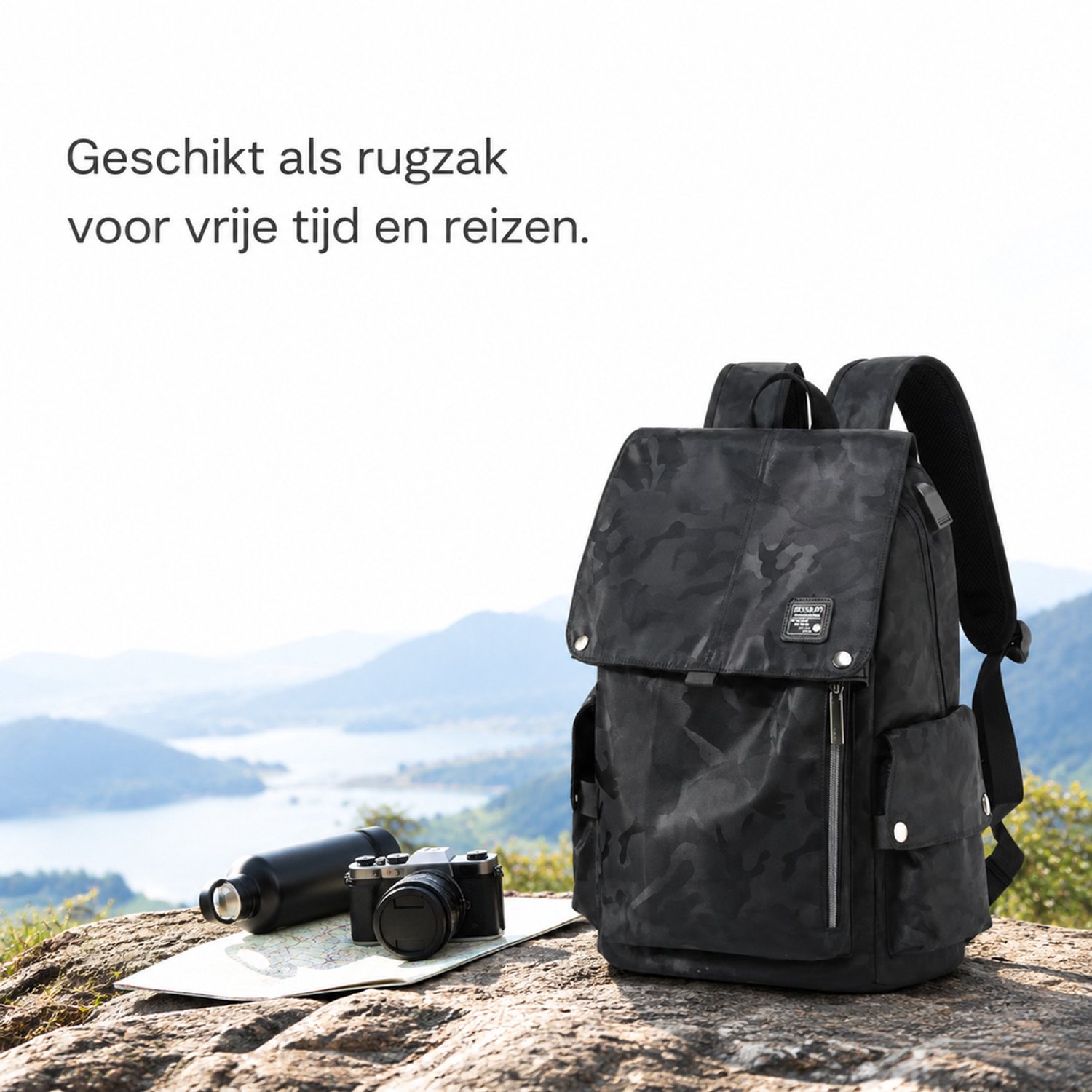Rugzak - groot, camouflagezwart - voor vrije tijd en reizen