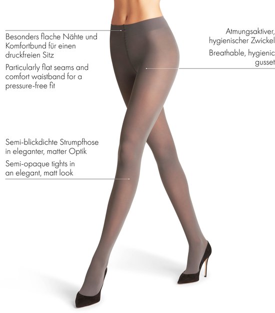 Grijze semi-transparante panty met platte naden, comfortabele tailleband en ademend kruisje.