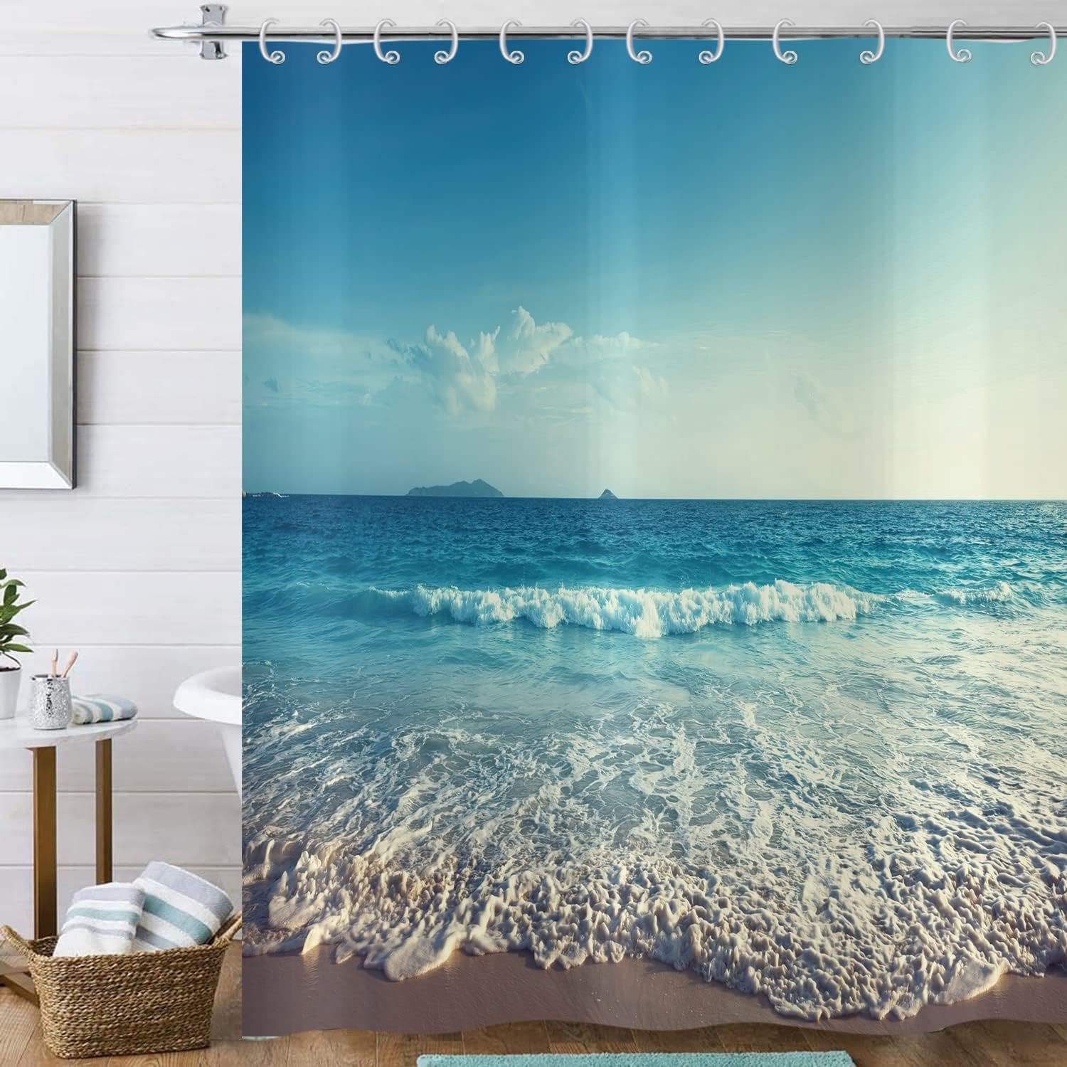 Ocean Beach Shower Curtain 120 x 180,Sea Waves Blue Sky Nature Landscape Bathroom Curtains with Hooks Waterproof - ShopVlot
