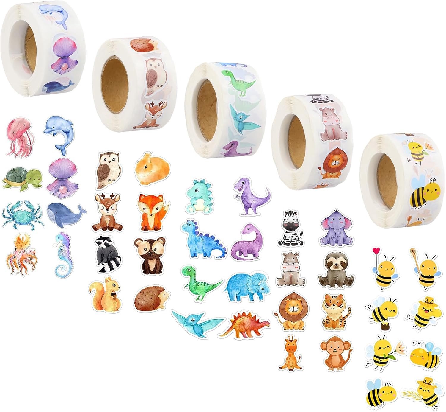 2500 stickers voor kinderen - 5 rollen met dierenstickers zoals bijen, dinosaurussen en zeedieren. Perfect voor knutselen, beloningen en educatieve spellen.