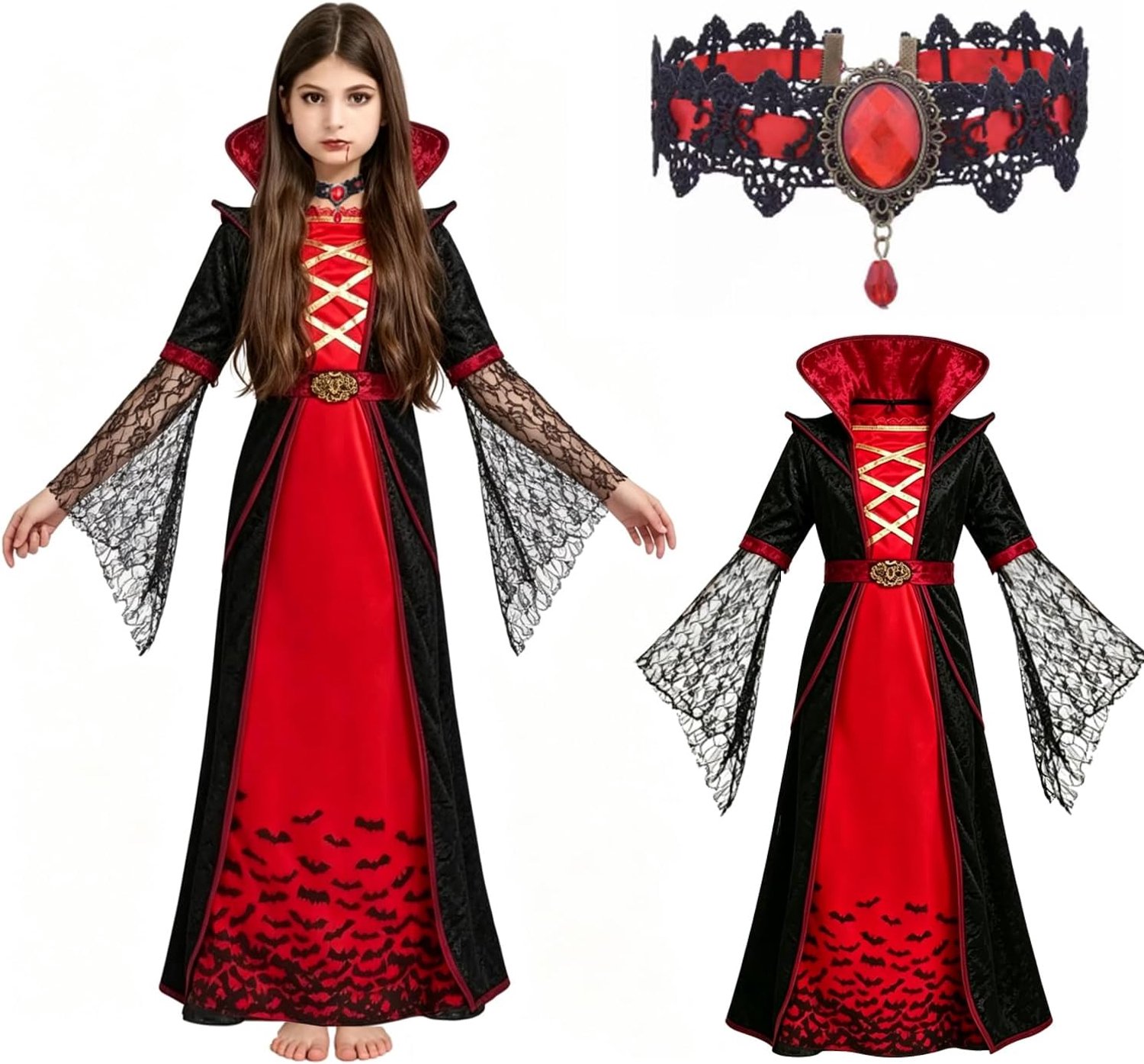 Vampierkostuum voor kinderen, Halloween-kostuum met halsband, gothic, victoriaans voor carnaval, themafeest, Draculaura, cosplay party