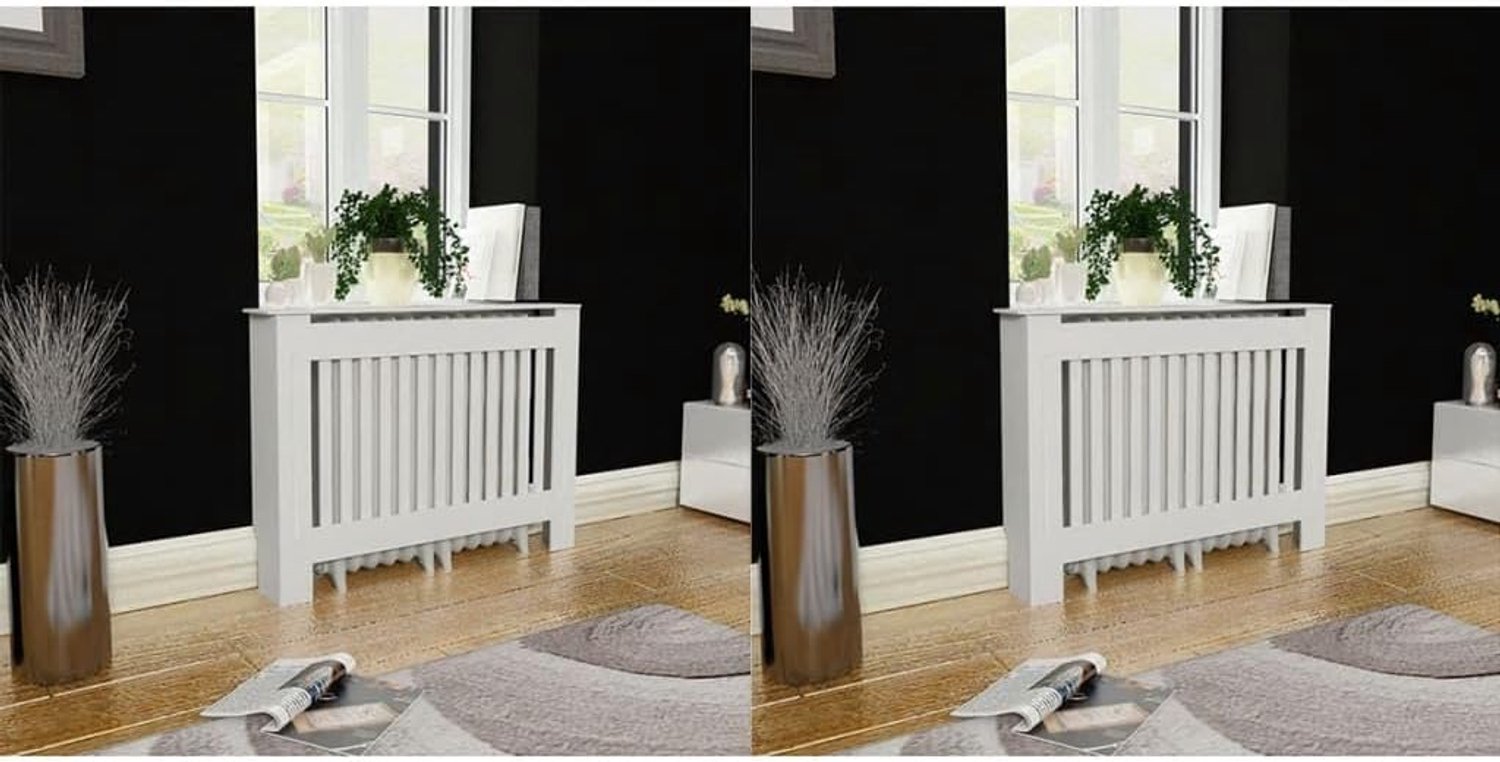 Radiatorbekleding 2 stuks. Wit MDF 112 cm, verwarmingsafdekking met lamellendesign, moderne plank voor decoratie, fotolijsten en boeken