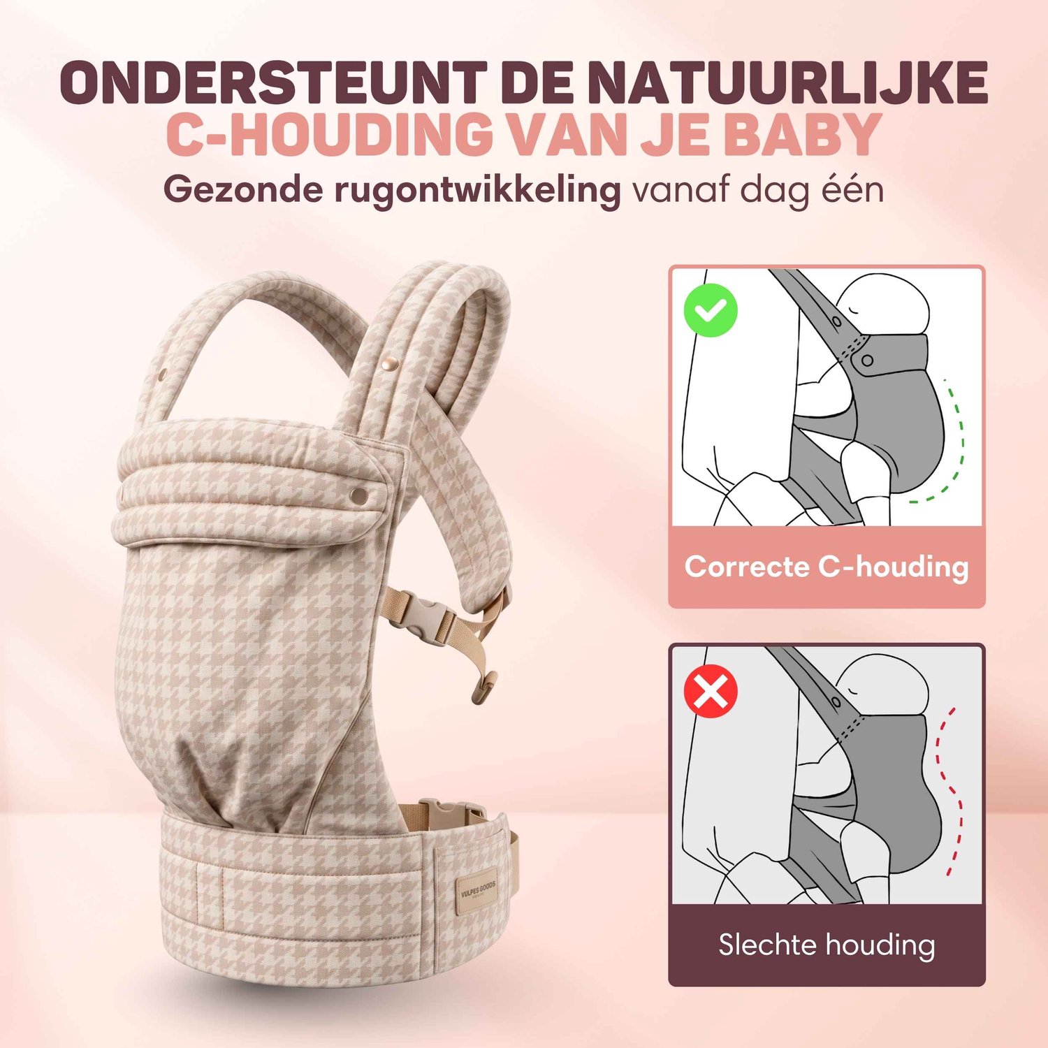 Vulpes Goods® BabyCare - Draagzak – Ergonomische Baby Draagzak 0-36 mnd – Luxe Buikdrager tot 20 kg – OEKO-TEX® Katoen – Handsfree Comfort - Met Rugsteun & M-Positie - Heritage – foto 2