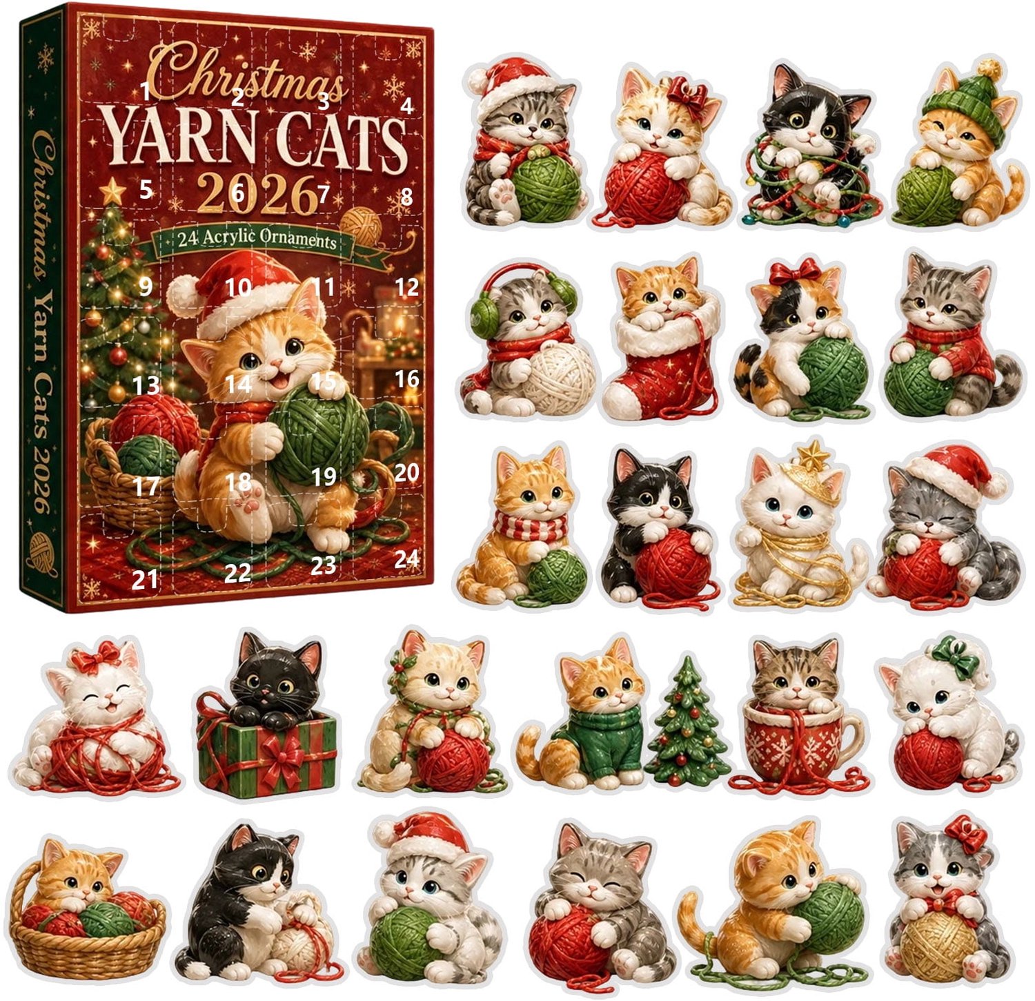 HisKes Adventskalender 2026 - Katten Adventskalender - 24 stuks schattige 2D acryl kerstornamenten- 24 dagen aftellen - Aftellen gedurende 24 dagen – Geschikt voor kerstboomdecoratie en als cadeau voor kinderen