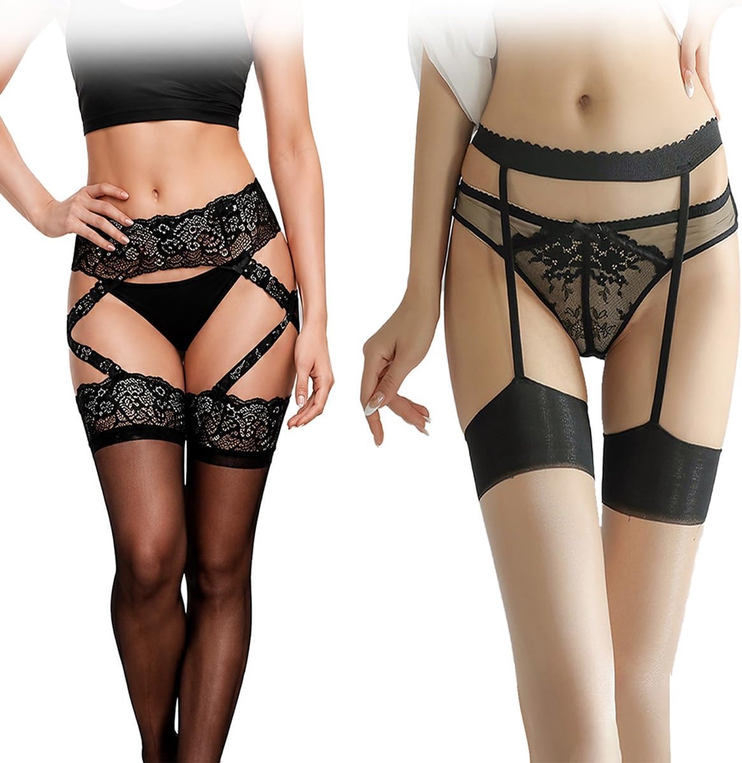 2 paar jarretelkousen, netkousen met jarretels, elastische kousen voor dames, kanten kousen, voor lingerie, avond, dagelijks gebruik, zwart, comfortabel
