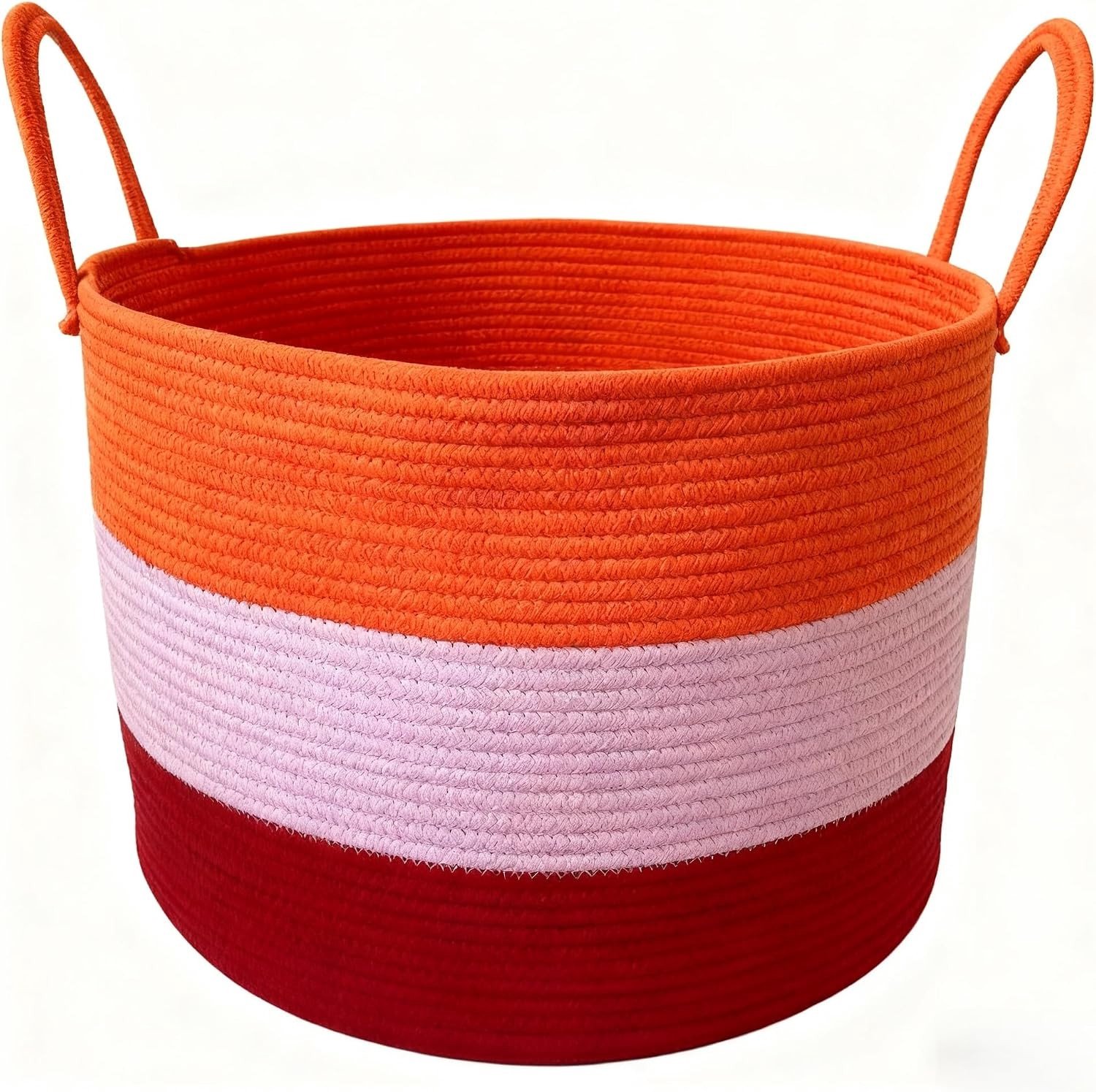 Grote Opbergmand van Katoenen Touw met Handvatten in Tricolor Oranje, Roze en Rood voor Speelgoed, Kleding en Dekens - Decoratieve Container 50 x 33 cm
