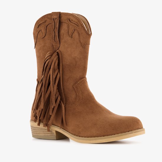 Bruine cowboylaars van suède met decoratieve franjes en een lage hak.