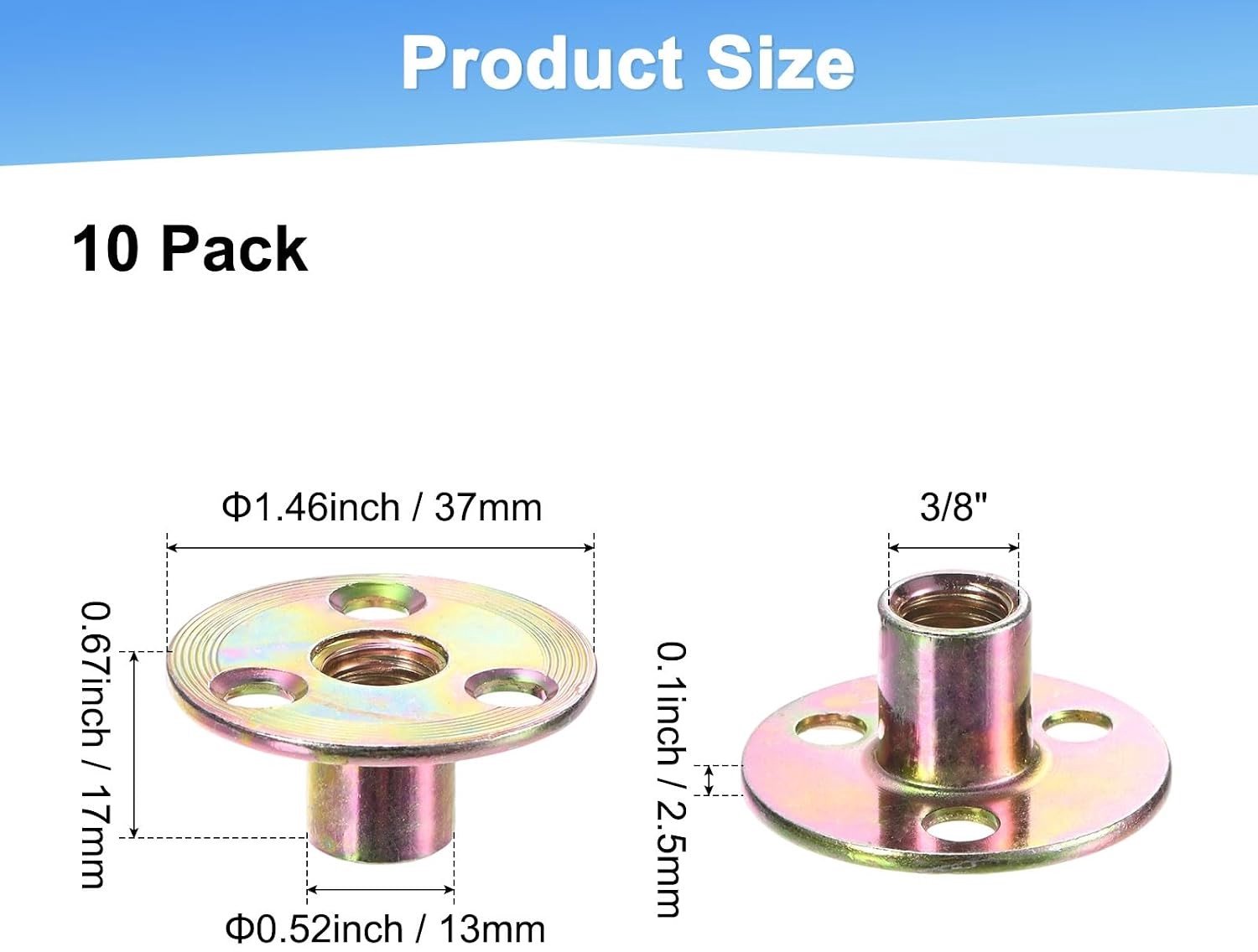 10 stuks verzinkte T-moeren van koolstofstaal, 3/8 inch, ronde basis met 3 gaten, lasmoeren voor meubels en hardware, ideaal voor flens en inzetstukken