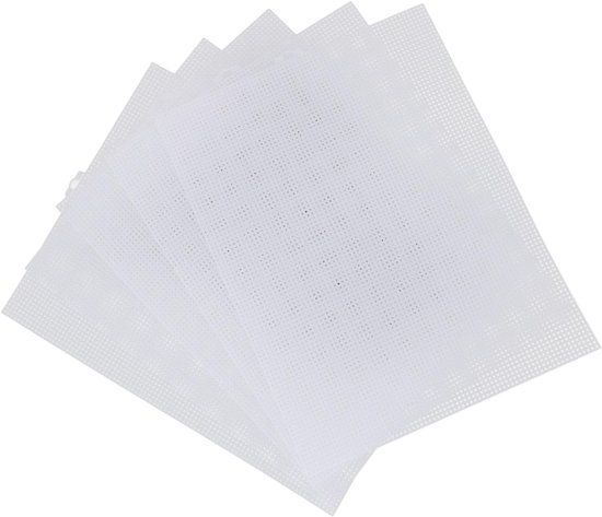 5 Stuks Plastic Gaas Canvas Vel 7 Stuks 33,5x26cm, Wit Plastic Canvas Ooggaas met 4 Breinaalden, Stevig Materiaal Geschikt voor Aquariumroosters, Het Maken van Bladwijzers, Onderzetters, — afbeelding 3