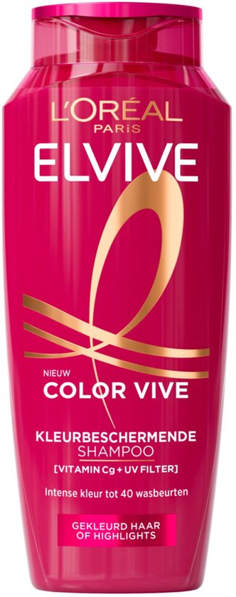 Roze fles Elvive Color Vive shampoo voor gekleurd haar, met een gouden strik.