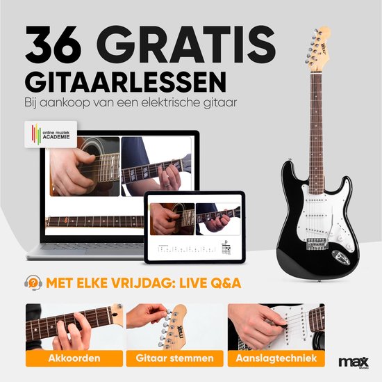 Promotieafbeelding voor 36 gratis gitaarlessen bij aankoop van een zwarte elektrische gitaar.