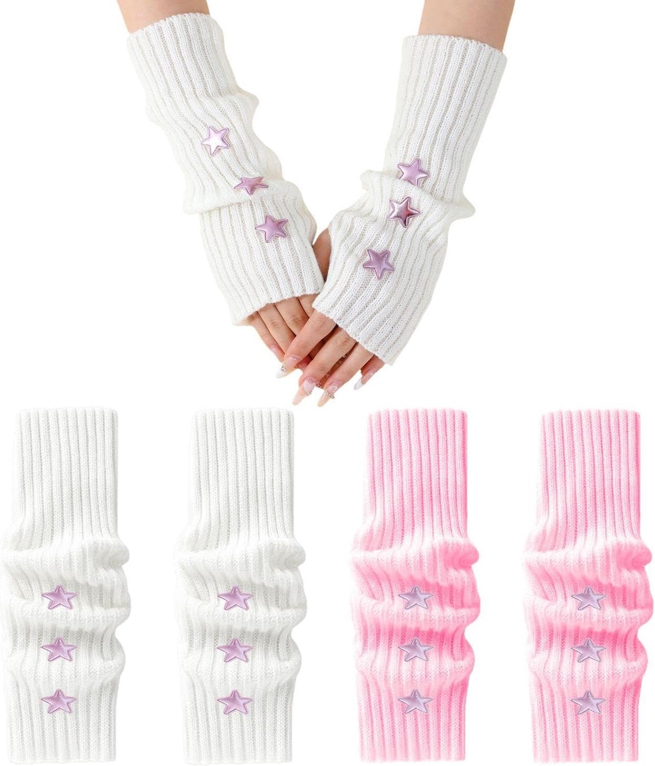 2 paar schattige sterhandschoenen, vingerloze handschoenen, armwarmers, polswarmer, studentenhandschoenen, Roze, M