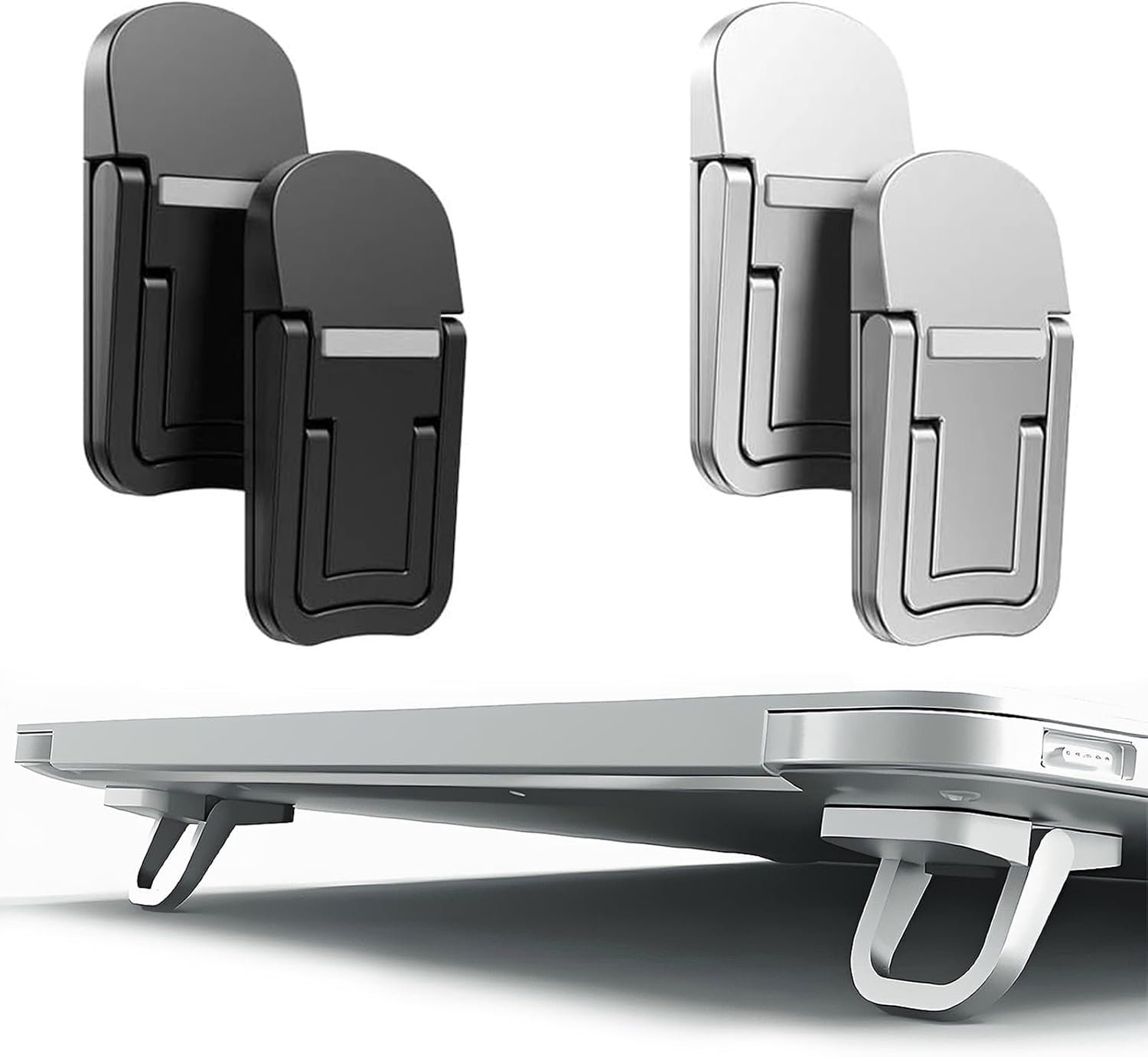 2 paar mini-laptopstandaard, ergonomische toetsenbordhouder, opvouwbaar, van ABS, onzichtbare en antislip, verhoging voor kantoor en reizen, zwart en zilver