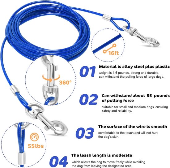 Relux Hondenbindkabel en -stok, 4,9 m outdoor hondenspel voor tuintraining, hardlopen, wandelen, kamperen, 4,9 cm zware hondenanker spiraalvormige paal voor kleine tot middelgrote honden (2 stuks — afbeelding 4