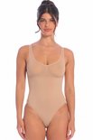 Nude body met dunne bandjes, versteviging rond de buste en gladde afwerking.
