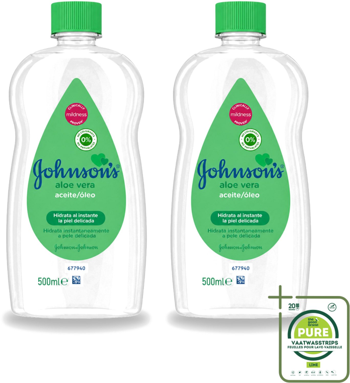 2 x Johnson's - Baby Olie - Aloe Vera - Hydrateerd Gevoelige Huid - 500 ml - Grootverpakking - Vaatwasstrips - Babyolie - Aloe Vera - Gevoelige Huid - Melkkorst Verwijderen - Hydraterende Olie