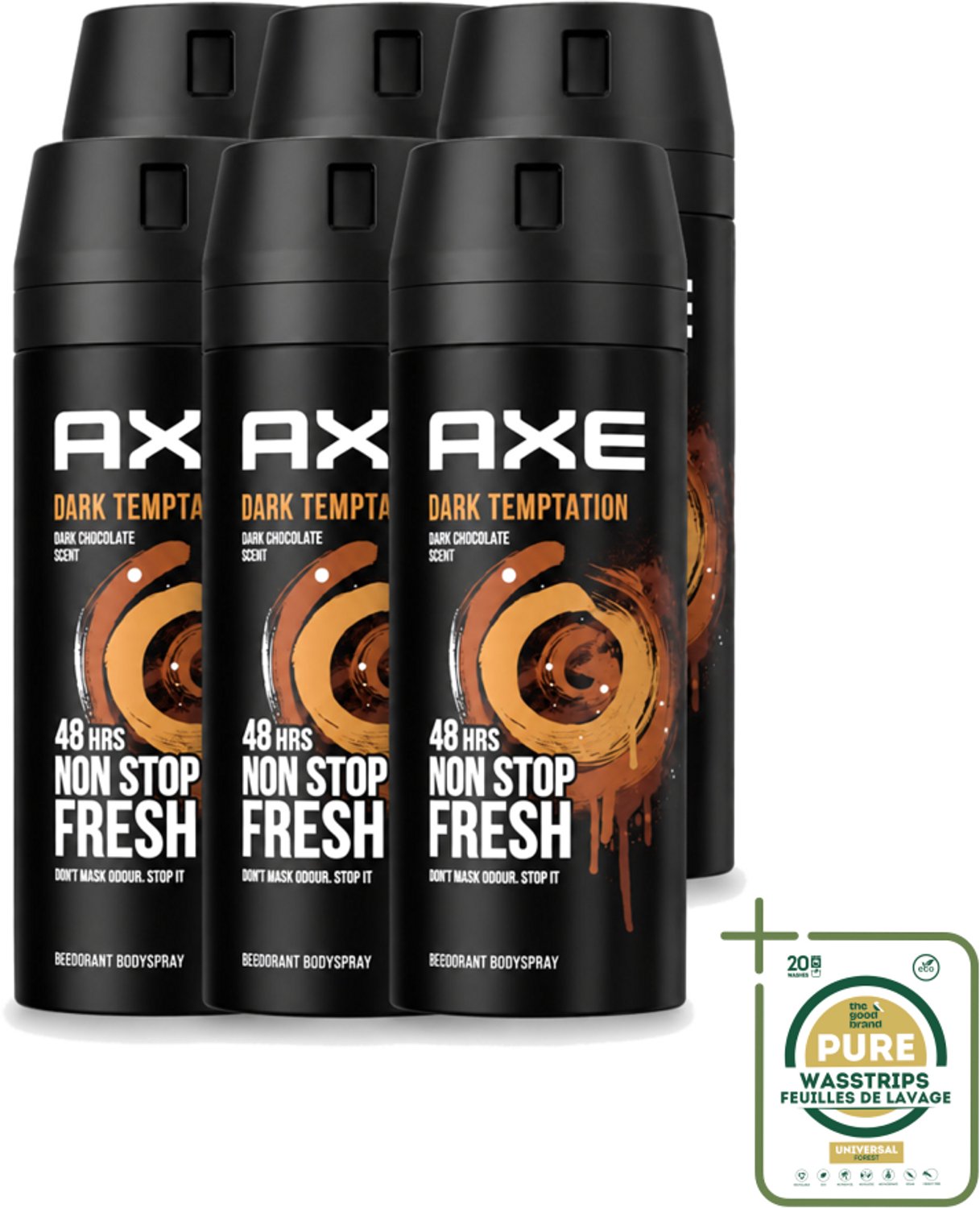 6 x Axe - Deodorant Bodyspray - 48hrs Non Stop Fresh - Dark Temptation - Dark Chocolate - 150 ml - Wasstrips - Axe Dark Temptation - Deodorant - Bodyspray - Chocolade Geur - Rode Peperkorrels