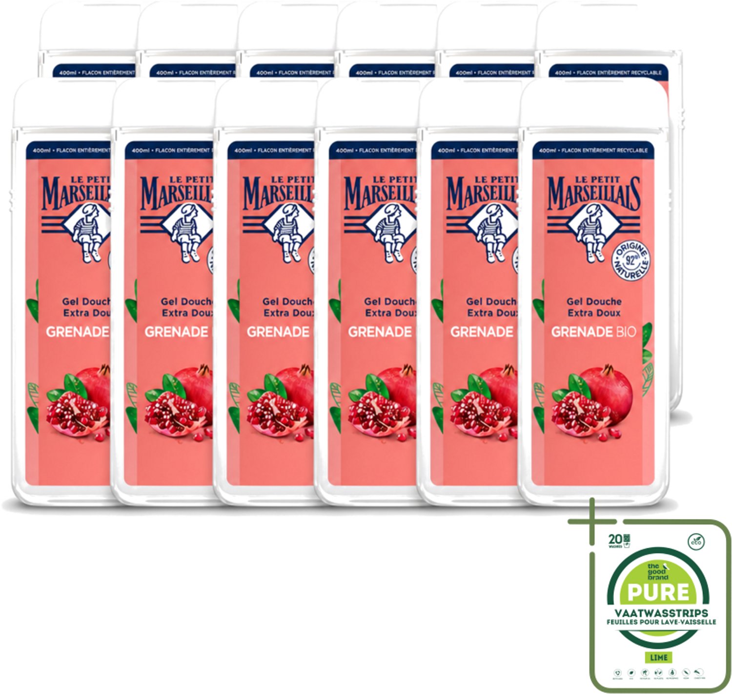 12 x Le Petit Marseillais – Douchegel – Grenade Bio – 400 ml - Grootverpakking - Vaatwasstrips - Douchegel - Biologische Douchegel - Granaatappel Geur - Natuurlijke Douchegel - Gezondheid