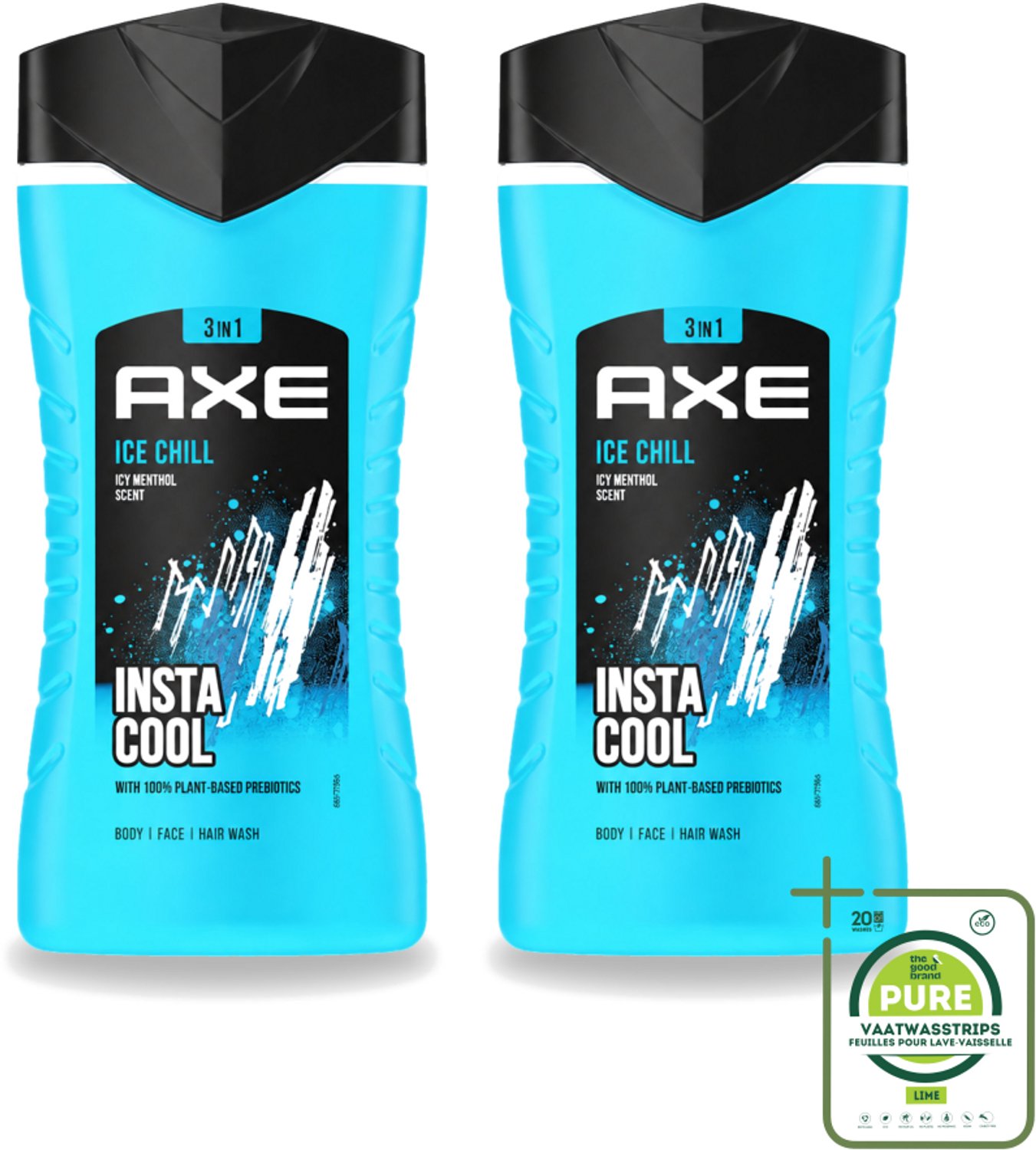 2 x Axe - 3-in-1 Douchegel - Ice Chill - Icy Menthol - Insta Cool - 100% Plantaardig - 150 ml - Grootverpakking - Vaatwasstrips - Douchegel - Menthol - 3-in-1 - Frisheid - Onweerstaanbare Geur