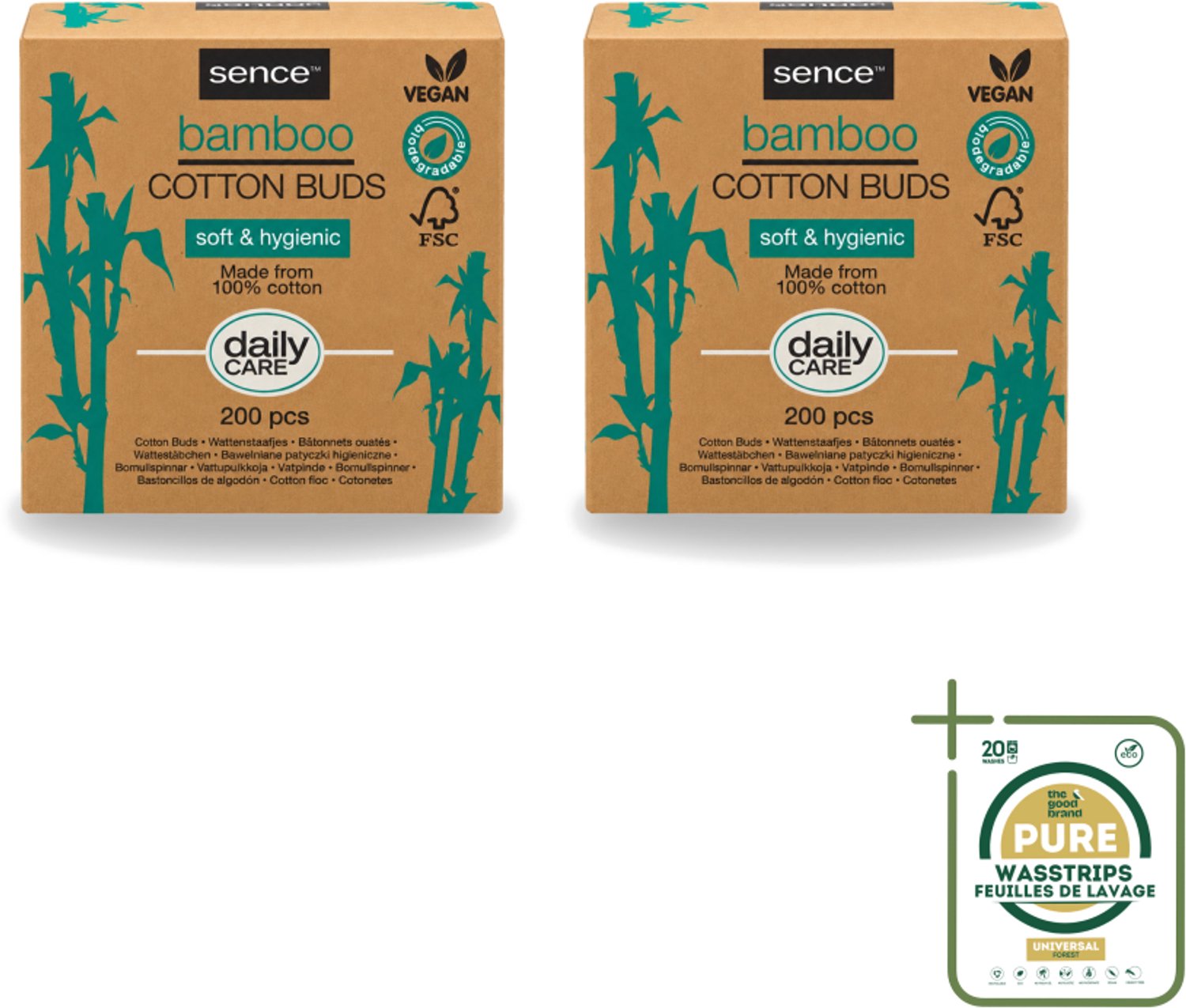 2 x Sence - Bamboe - Wattenstaafjes - Afbreekbaar & Vegan - 200 Wattenstaafjes - Wasstrips - Bamboe Wattenstaafjes - Vegan Wattenstaafjes - Biologisch Afbreekbaar - Katoen Wattenstaafjes - Duurzame Verzorging