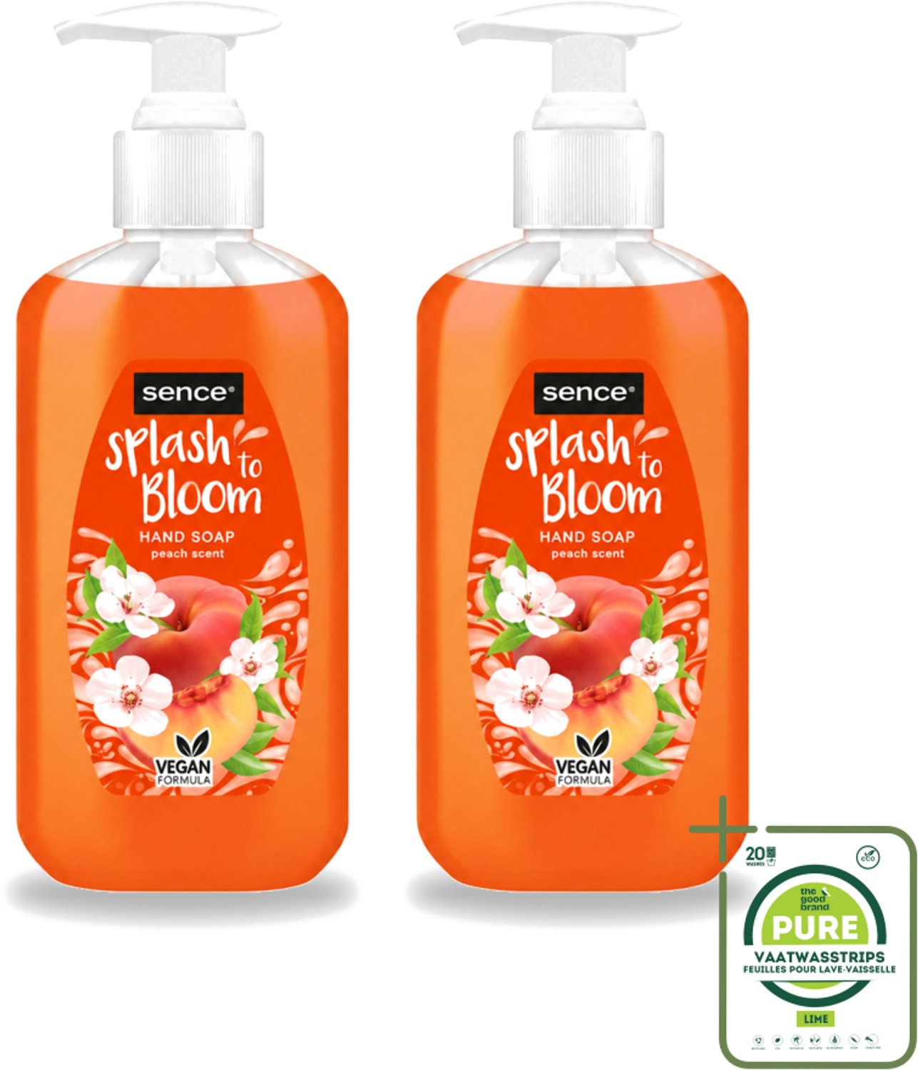 2 x Sence – Handzeep – Splash To Bloom Peach – 500 ml - Grootverpakking - Vaatwasstrips - Handzeep - Perzikgeur - Reiniging - Handen Reinigen - Zachte Handzeep