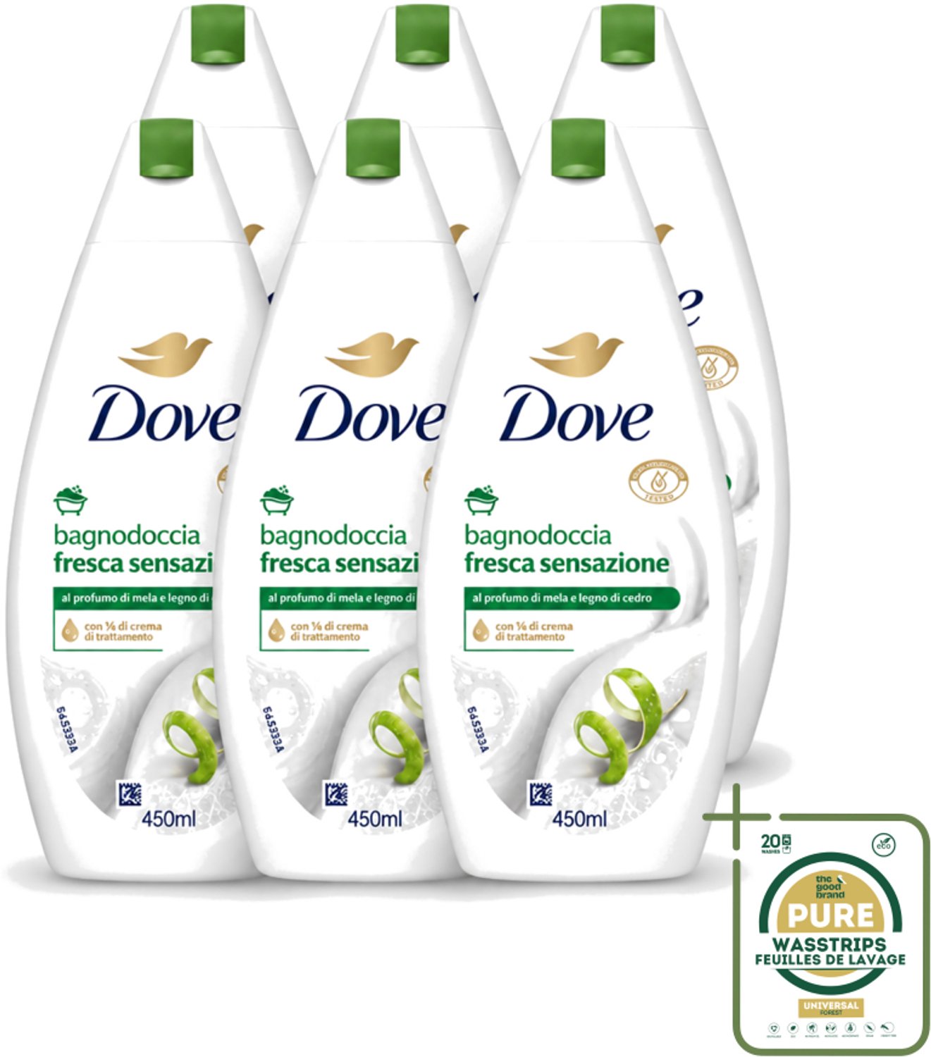 6 x Dove – Douchegel – Fresh Sensation – 450 ml - Wasstrips - Douchegel - Fris Gevoel - Mild Reinigen - Verzorgende Douchegel - Schuimende Douchegel