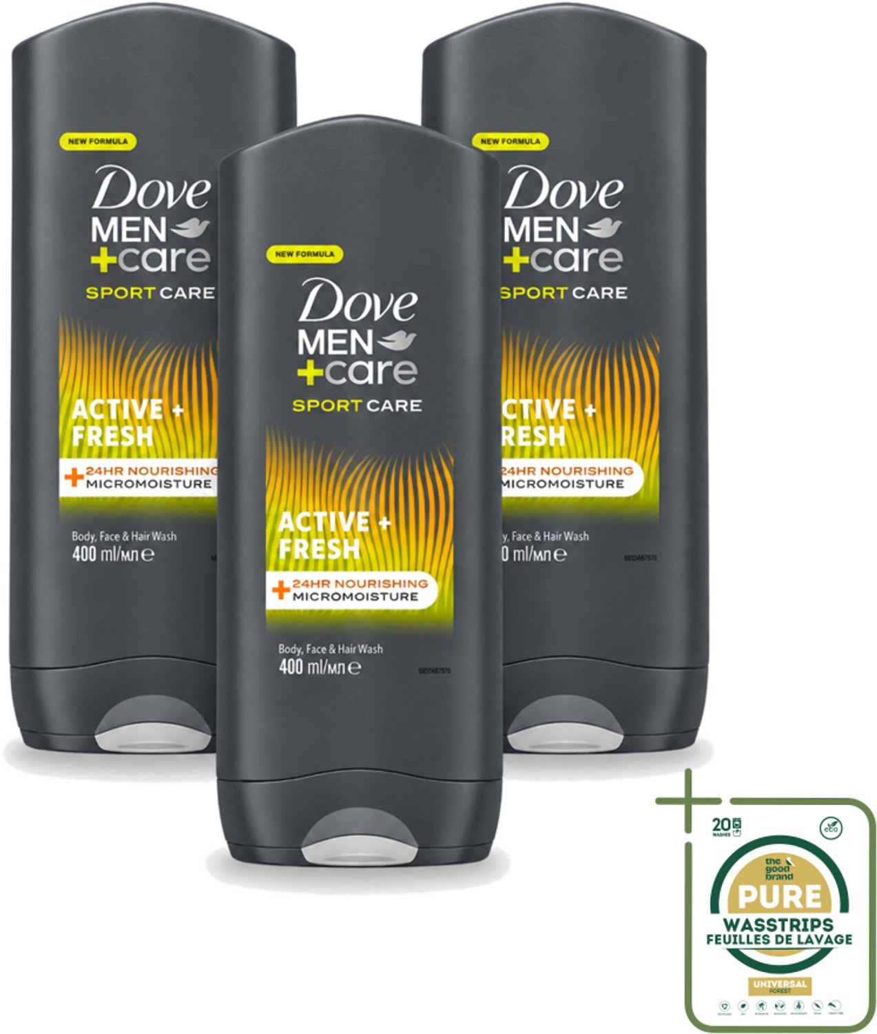 3 x Dove - Douchegel - Men+ Care Active Fresh - Verfrissend en langdurige bescherming - 400 ml - Wasstrips - Douchegel - Man - Fris - Energie - Actief