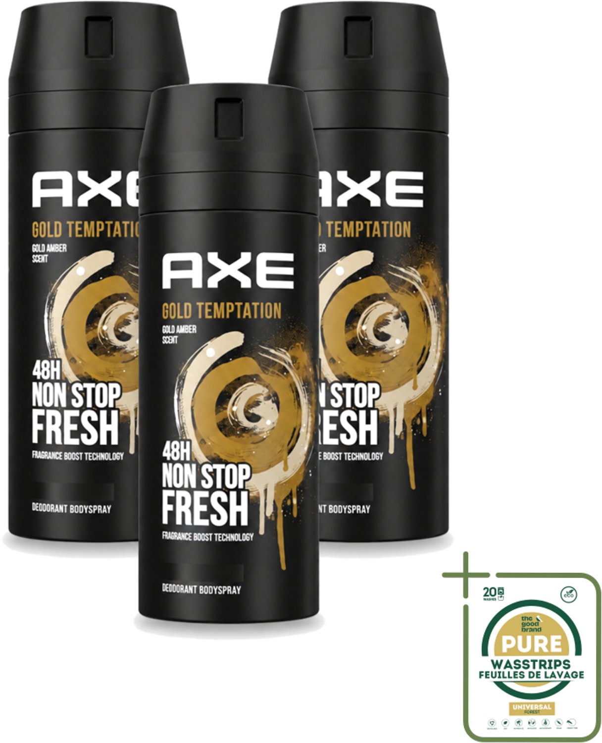 3 x Axe - Deodorant Bodyspray - 48hrs Non Stop Fresh - Gold Temptation - Gold Amber - 150 ml - Wasstrips - Deodorant Bodyspray - Frisheid - Geur - Citrus - Kruiden