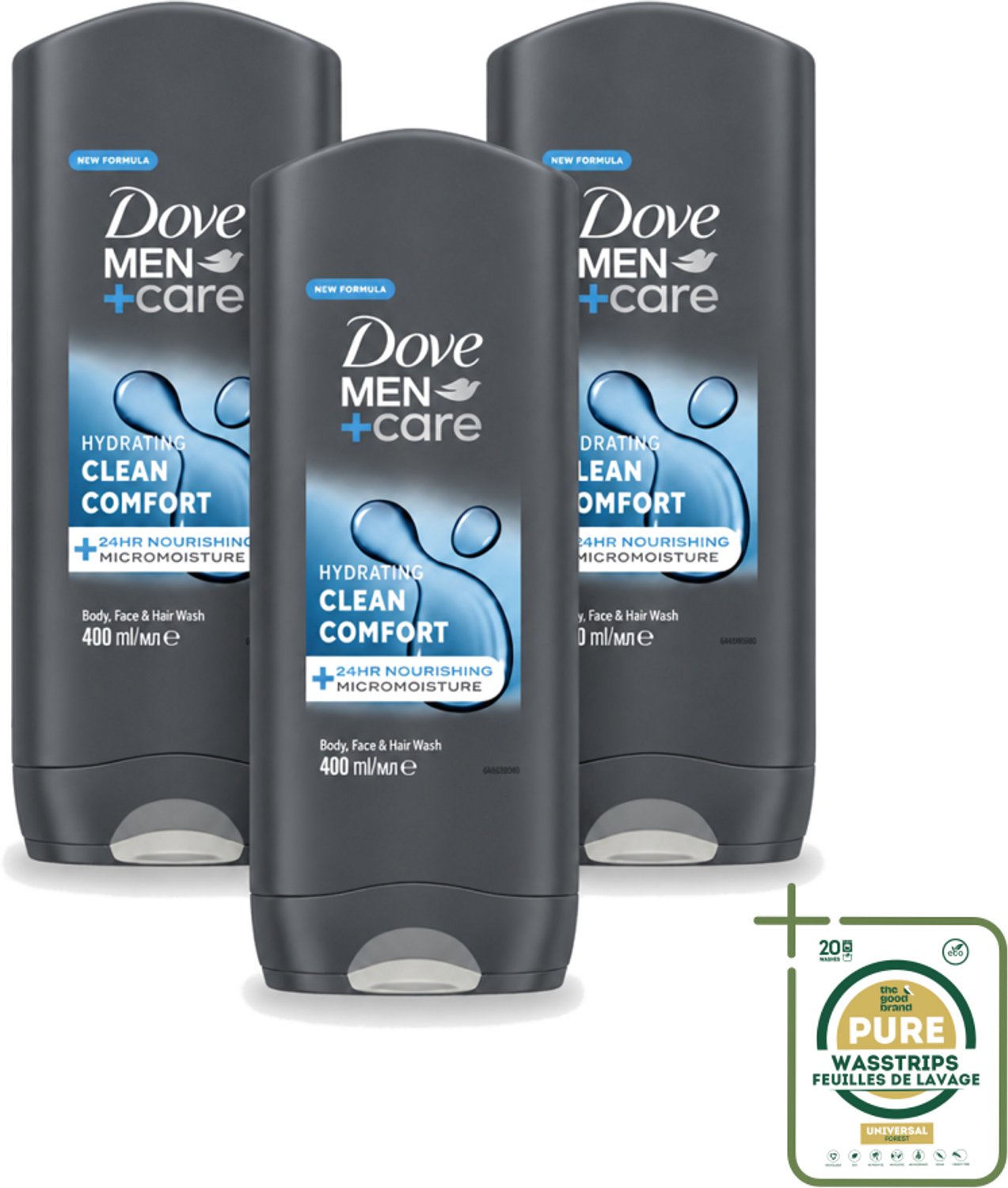 3 x Dove - Douchegel - Men+ Care Clean Comfort - Comfort en verzorging - 400 ml - Wasstrips - Douchegel - Mannelijke Verzorging - Hygiëne - Energie - Frisheid