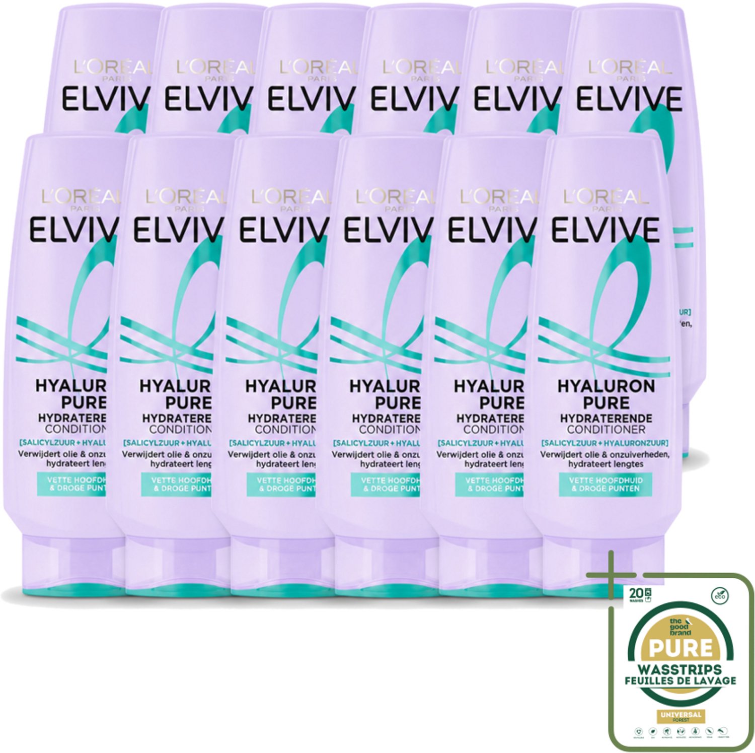 12 x L’Oréal Paris Elvive – Conditioner – Hyaluron Pure – Vette Hoofdhuid & Droge Punten – 200 ml - Wasstrips - Hyaluronzuur Conditioner - Zuiverende Conditioner - Vet Haar Conditioner - Droge Punten Conditioner - Hydraterende Conditioner