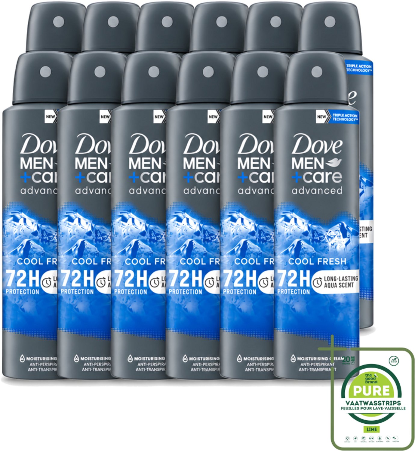 12 x Dove - Deodorant - Men Care Cool Fresh - Verfrissend en langdurige bescherming - 150 ml - Grootverpakking - Vaatwasstrips - Deodorant Spray - Zweetvermindering - Frisheid - Mannelijke Geur - Huidbescherming